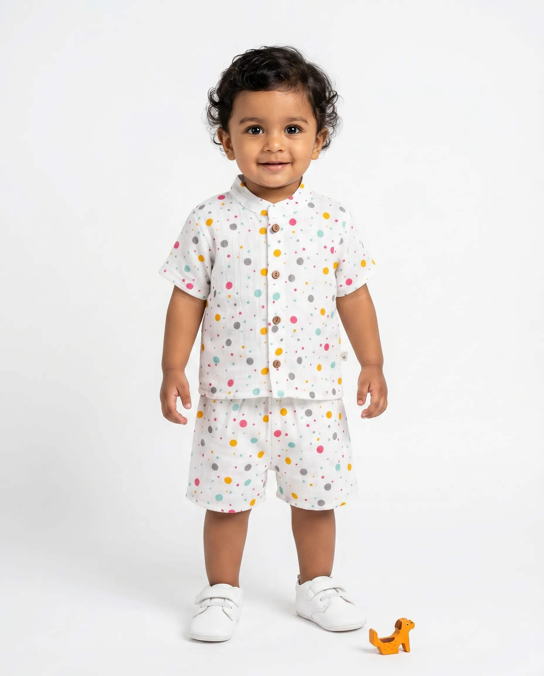 Crinkled Muslin Chinese Collar Half-Sleeve Co-Ords Set