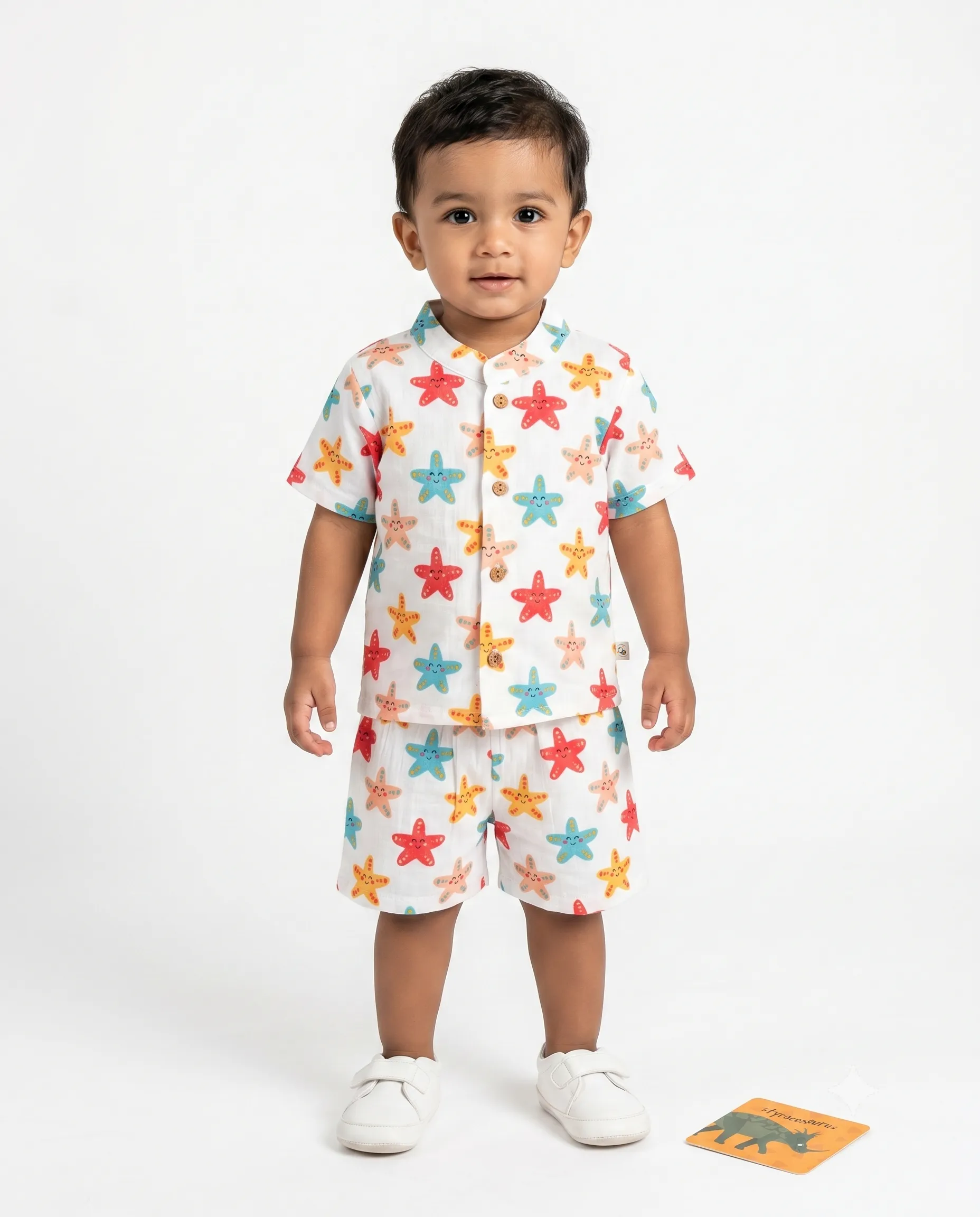 Crinkled Muslin Chinese Collar Half-Sleeve Co-Ords Set