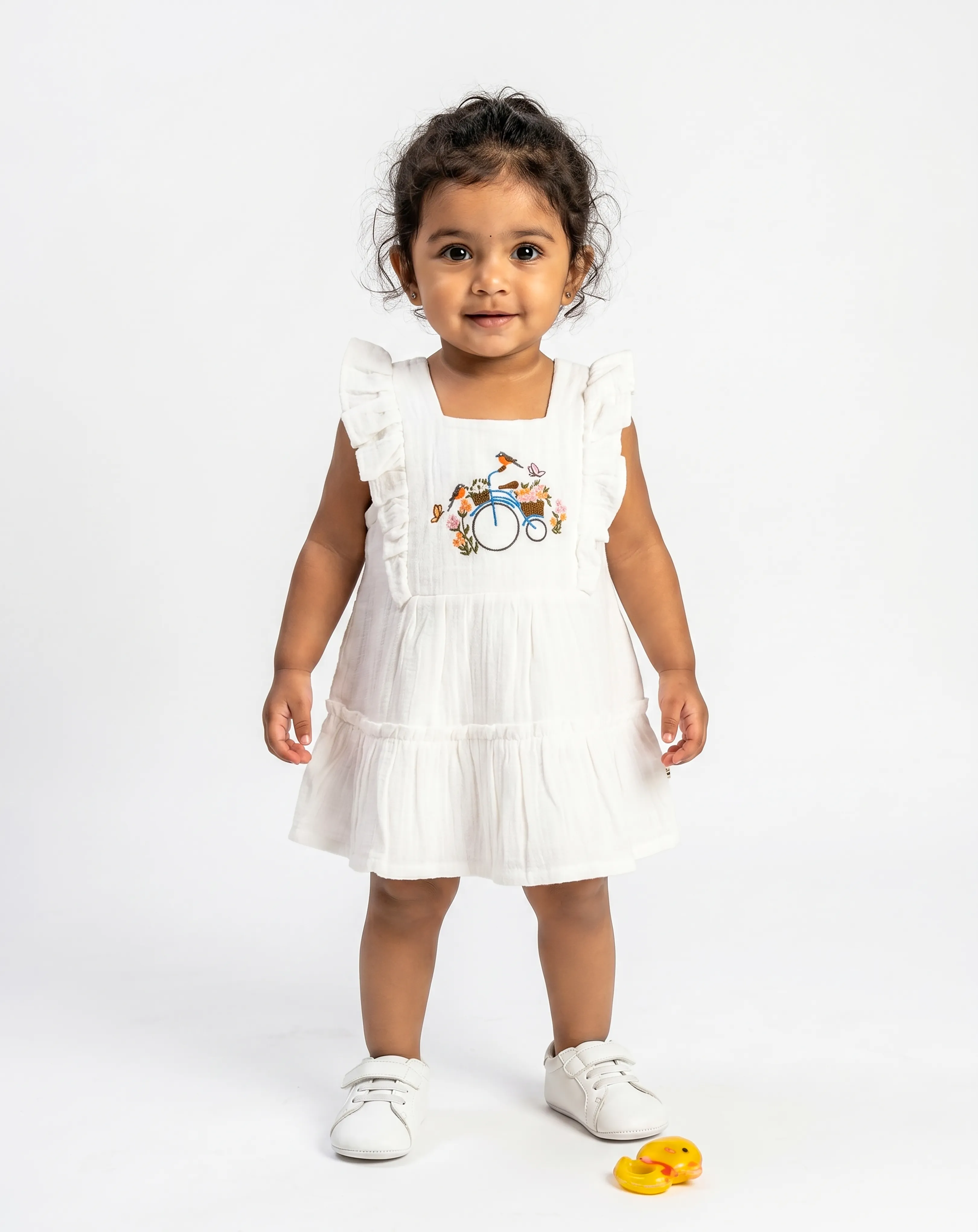 Crinkled Muslin Square Neck Frill-Type Sleeveless Frock