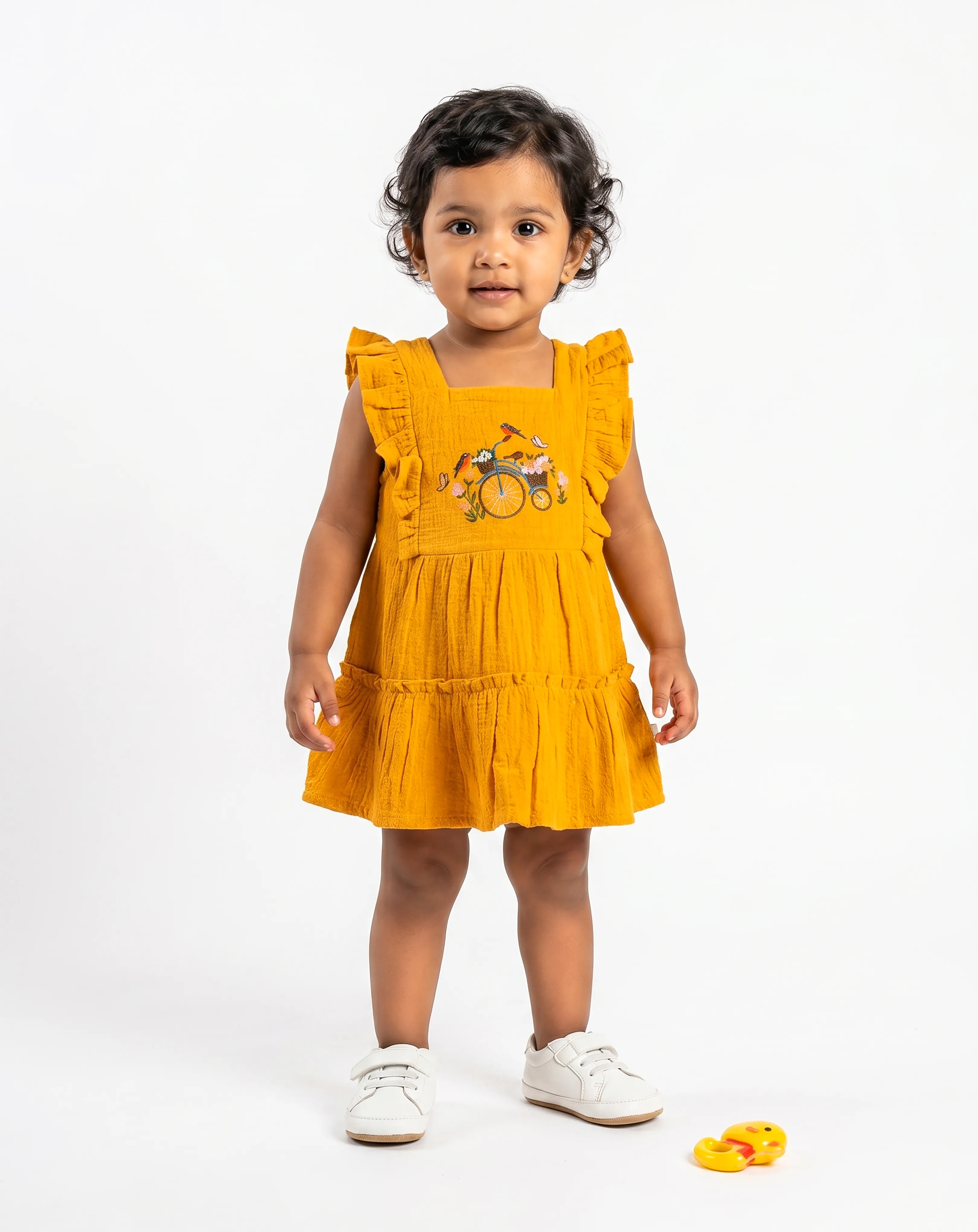 Crinkled Muslin Square Neck Frill-Type Sleeveless Frock