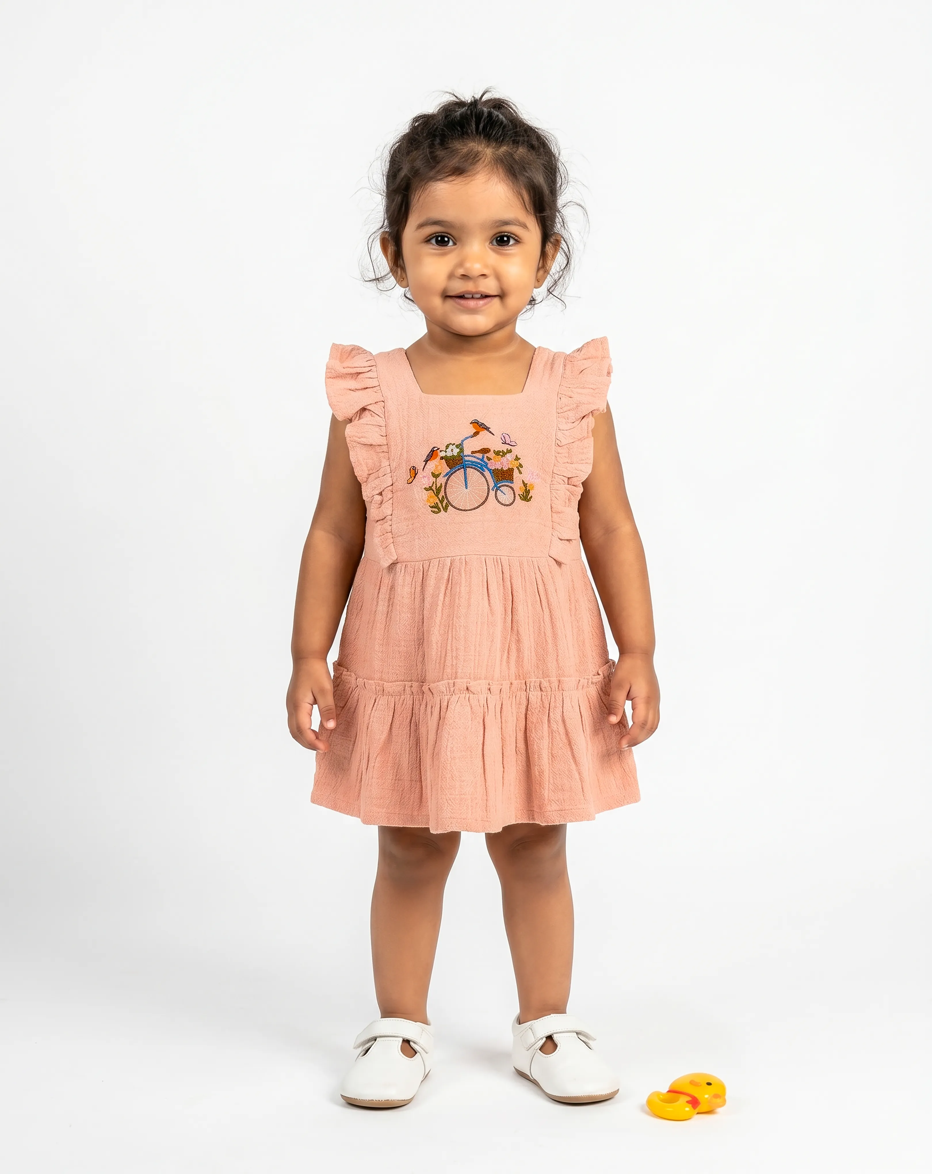 Crinkled Muslin Square Neck Frill-Type Sleeveless Frock