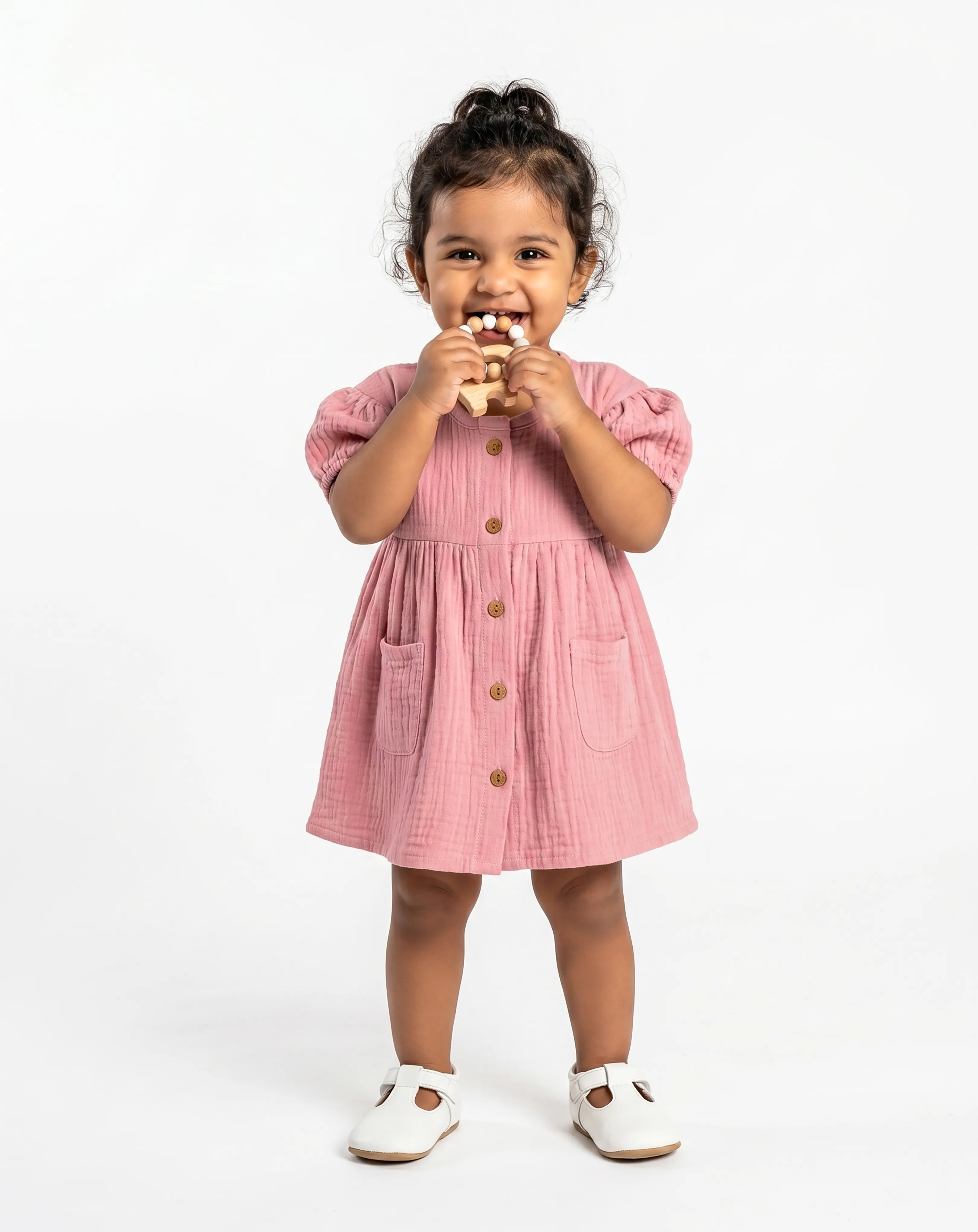 Crinkled Muslin Round Collar Puff-Sleeve Button Type Frock