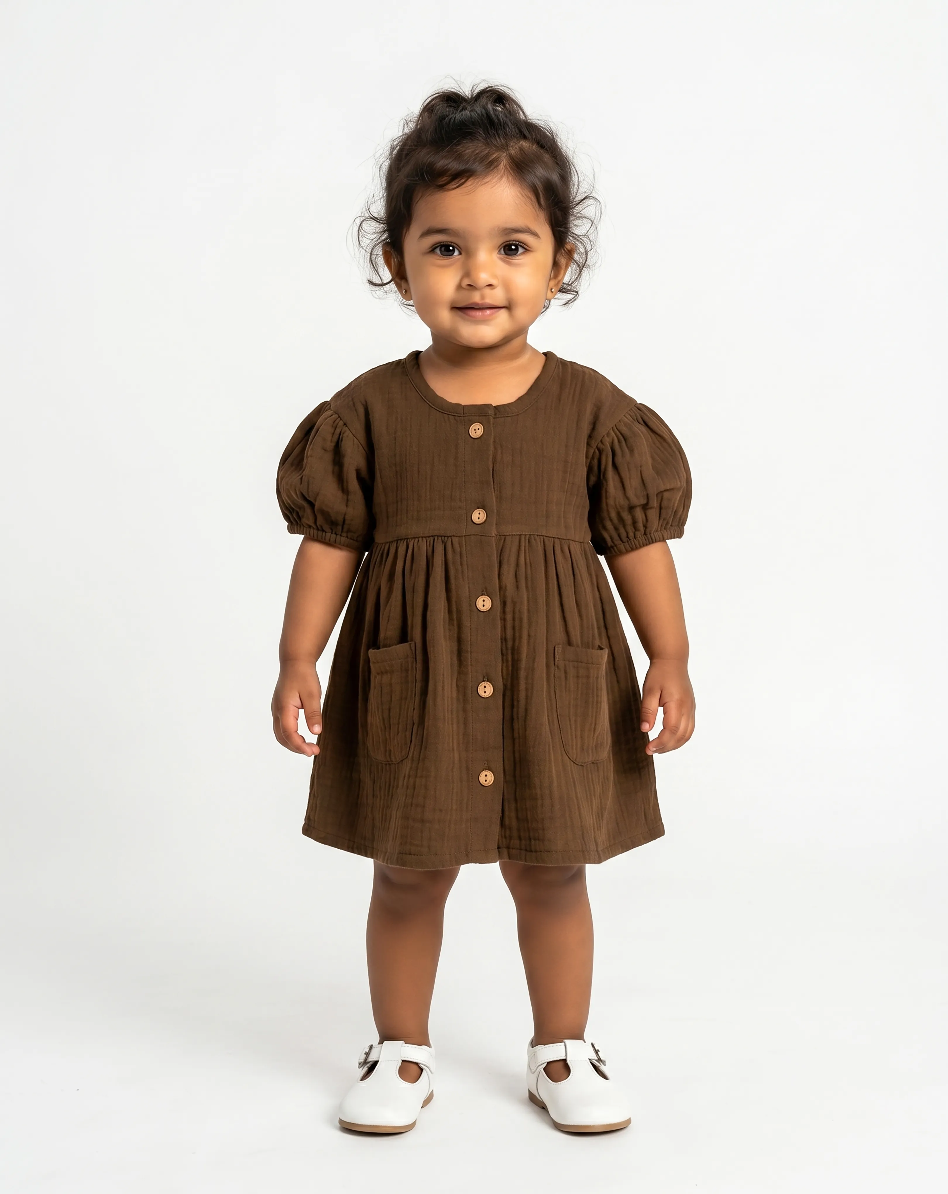 Crinkled Muslin Round Collar Puff-Sleeve Button Type Frock