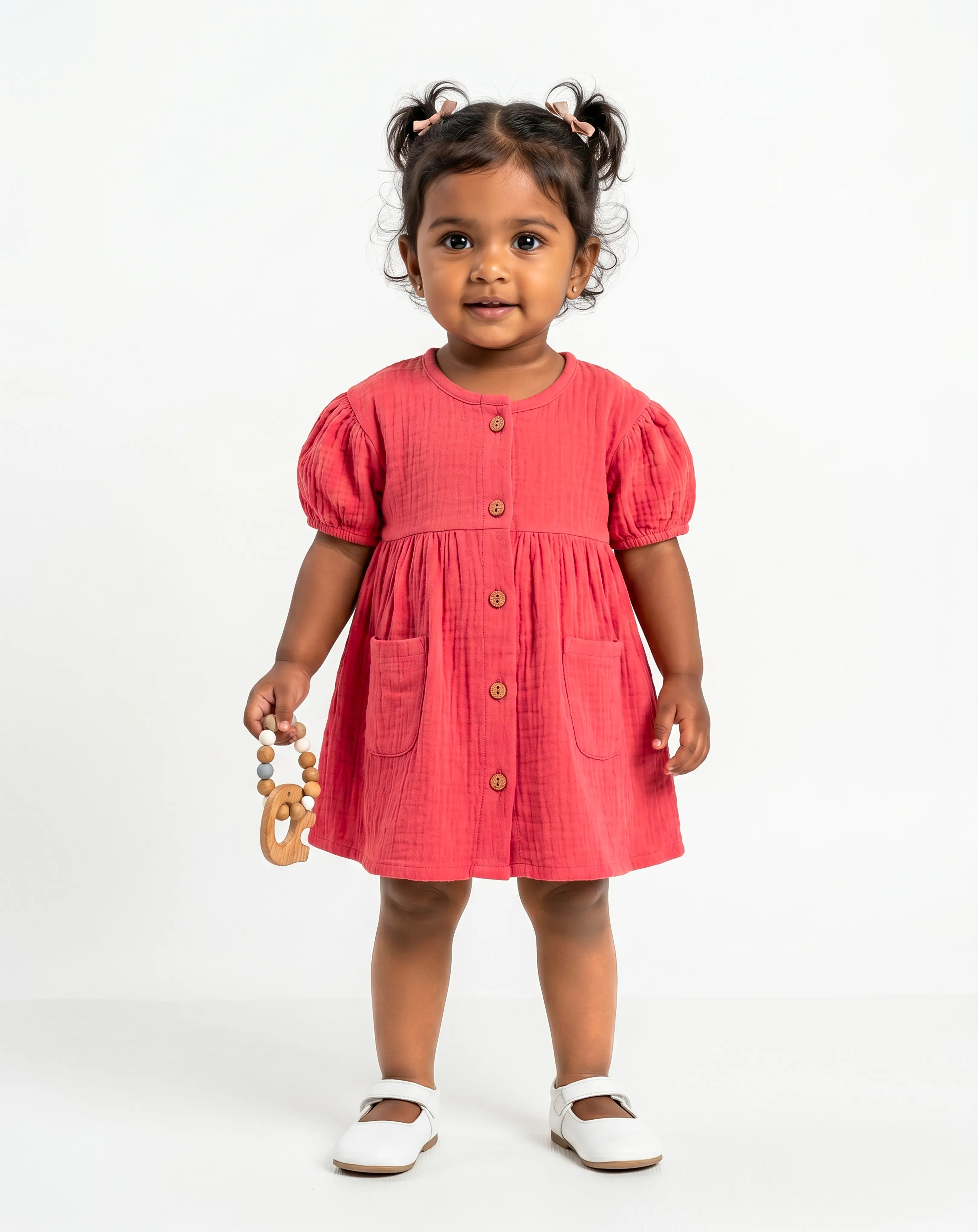 Crinkled Muslin Round Collar Puff-Sleeve Button Type Frock