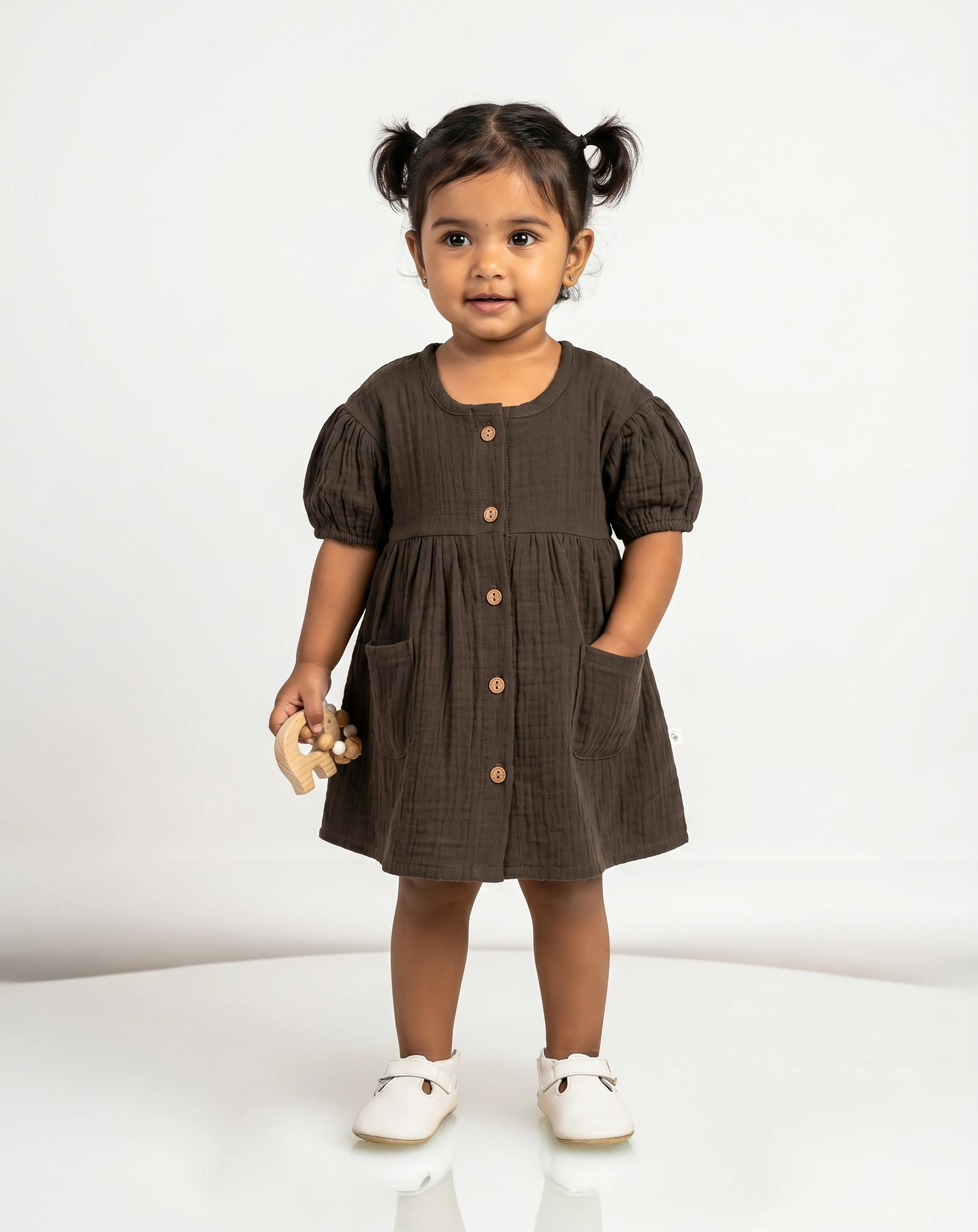 Crinkled Muslin Round Collar Puff-Sleeve Button Type Frock