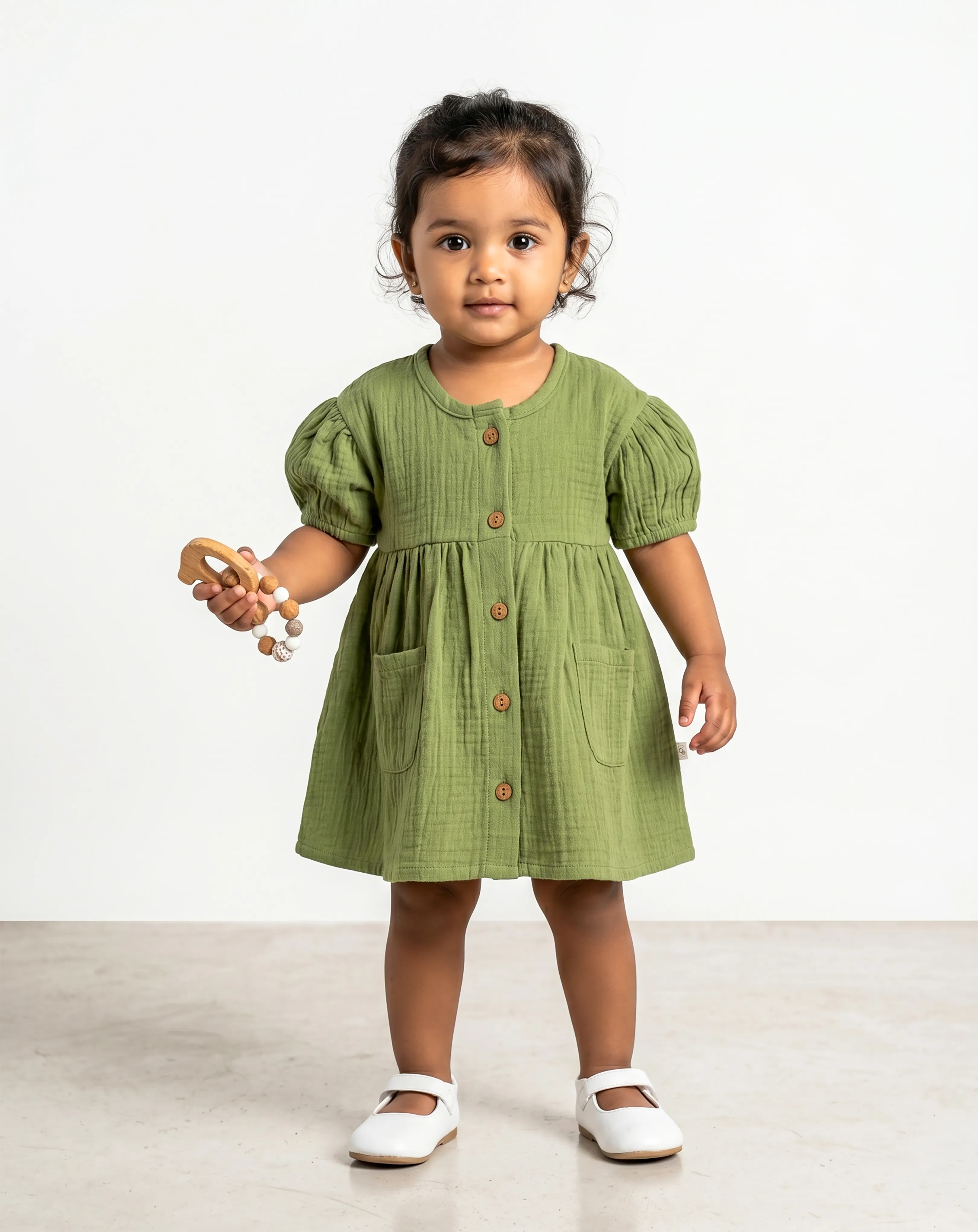 Crinkled Muslin Round Collar Puff-Sleeve Button Type Frock