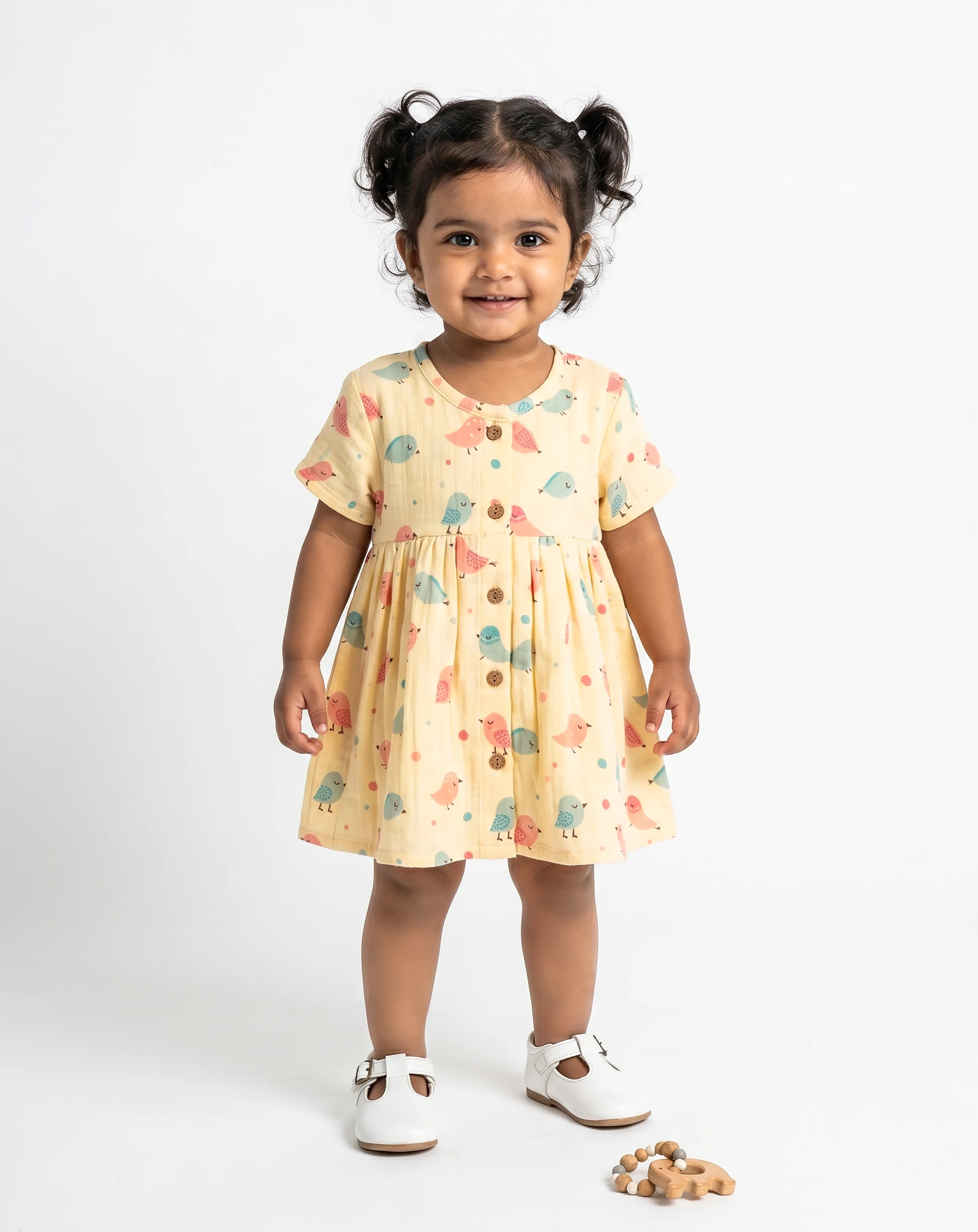 Crinkled Muslin Round Collar Half-Sleeve Button Type Frock