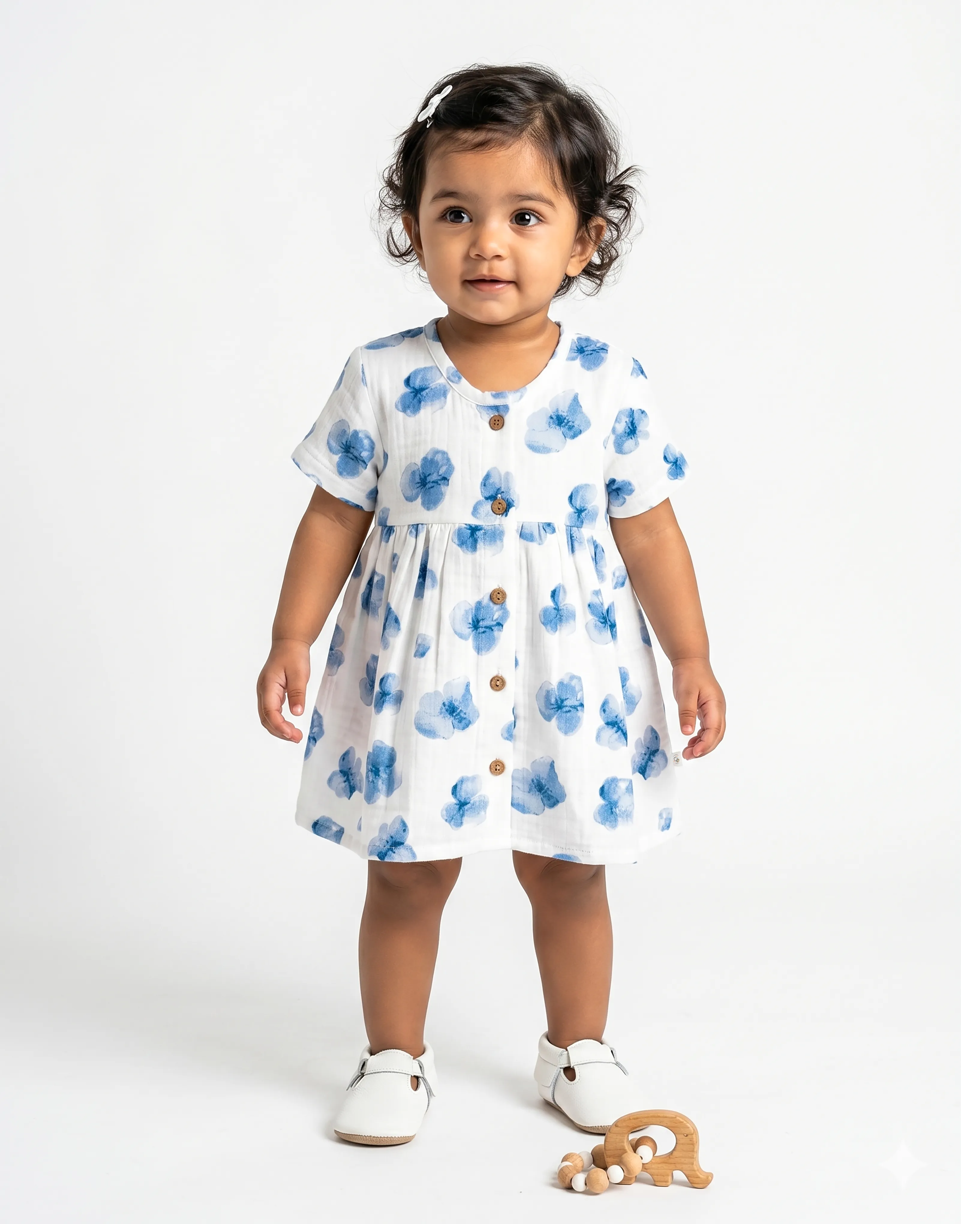 Crinkled Muslin Round Collar Half-Sleeve Button Type Frock