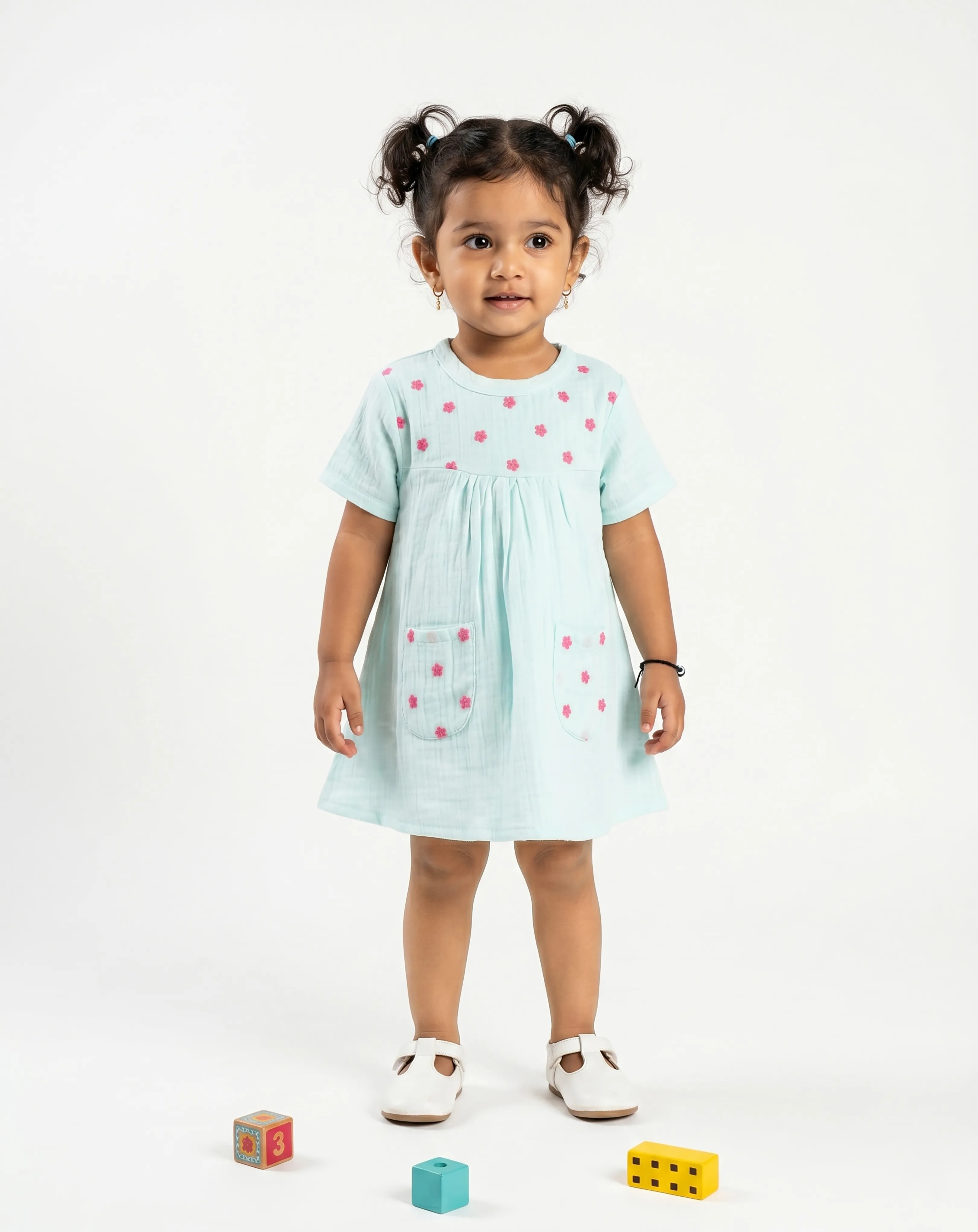 Crinkled Muslin Round Collar A-Line Half-Sleeve Frock