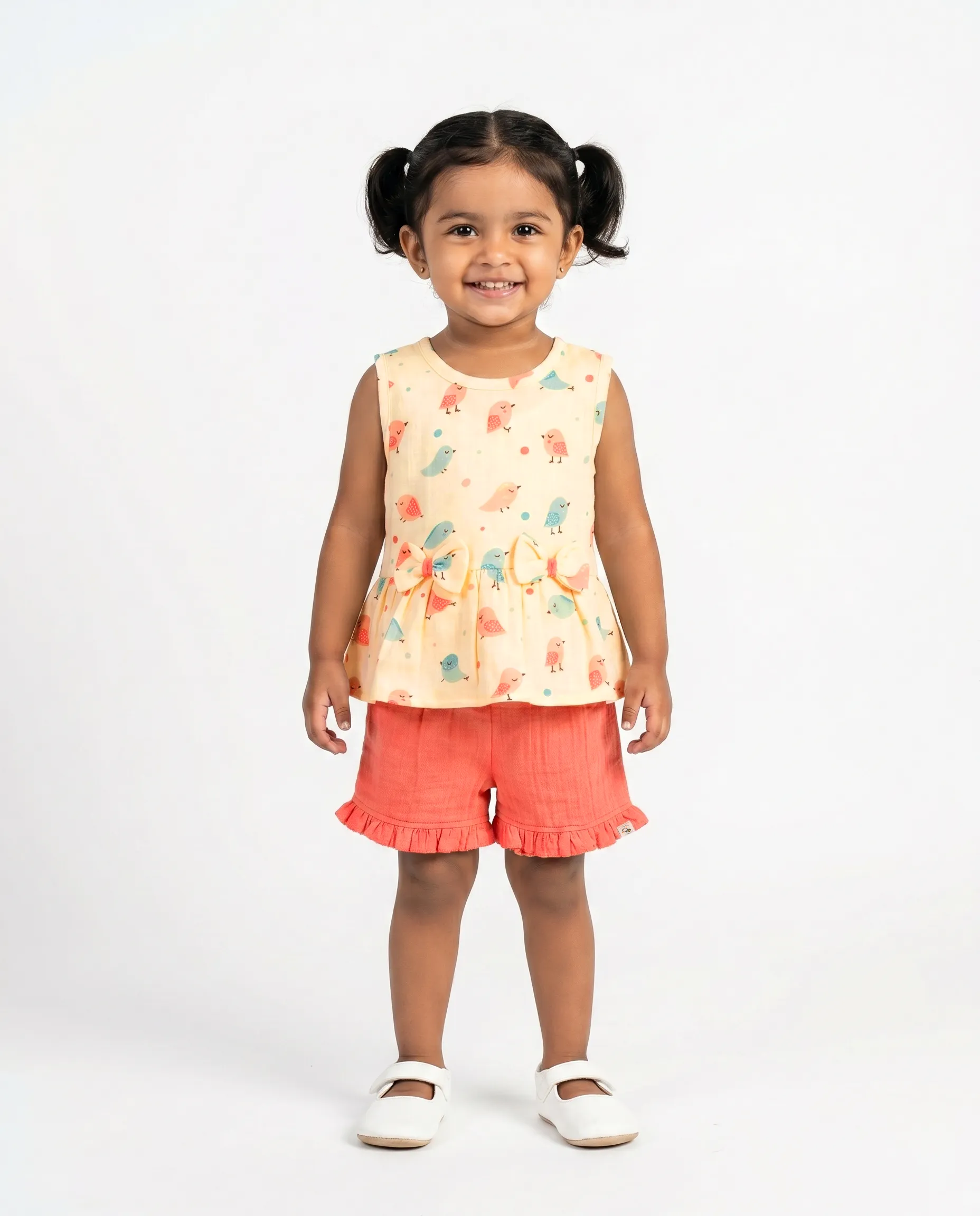 Crinkled Muslin Round Collar Bow Type Sleeveless Co-Ords Set