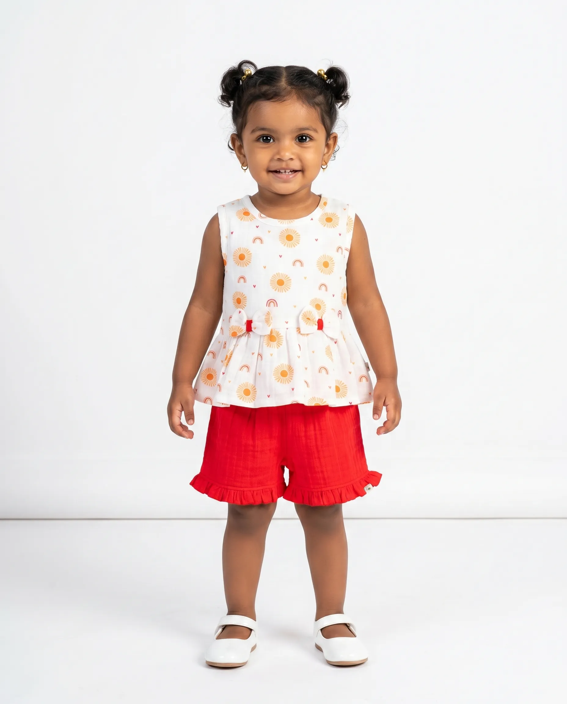 Crinkled Muslin Round Collar Bow Type Sleeveless Co-Ords Set