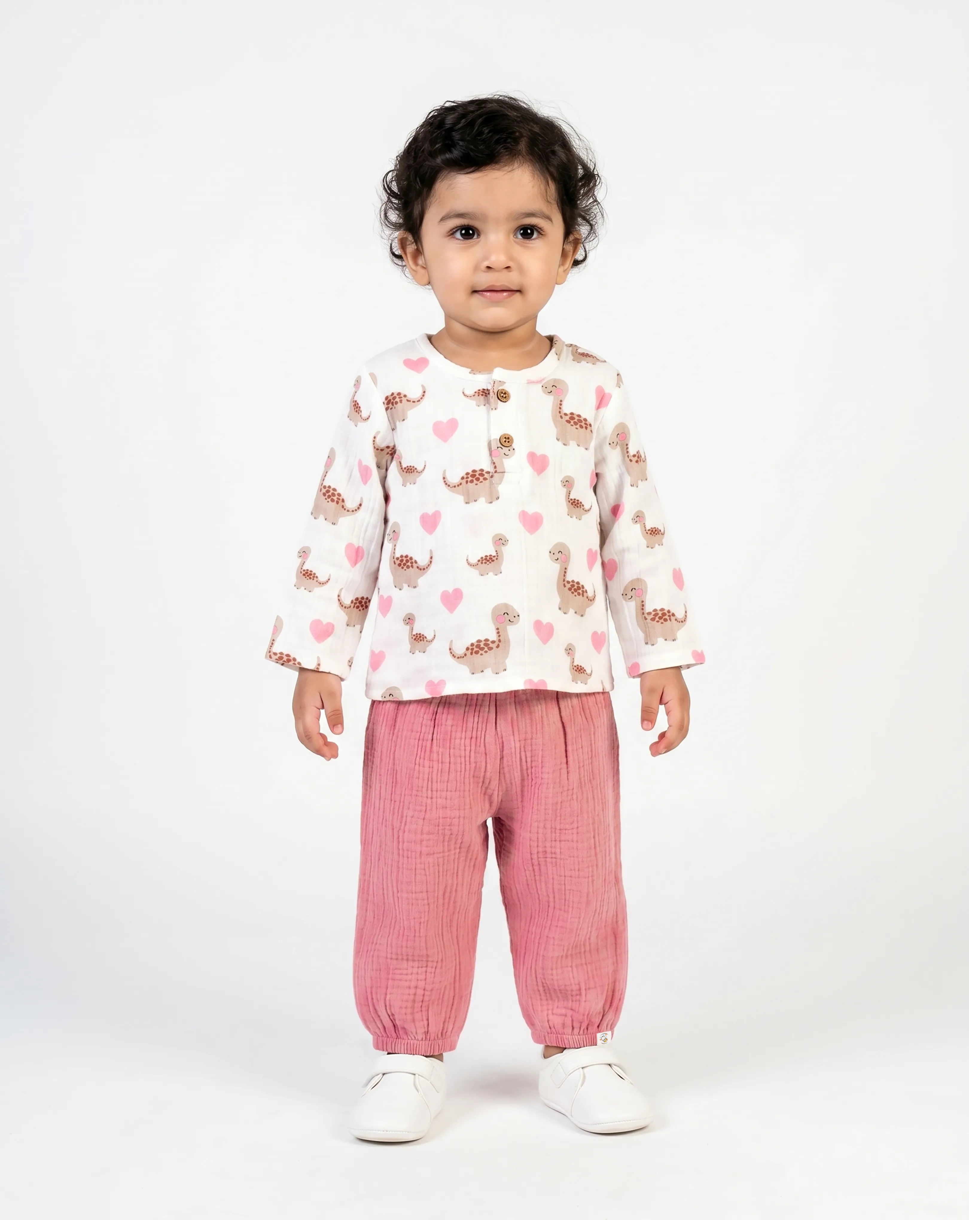 Crinkled Muslin Round Collar Full-Sleeve Casual Set