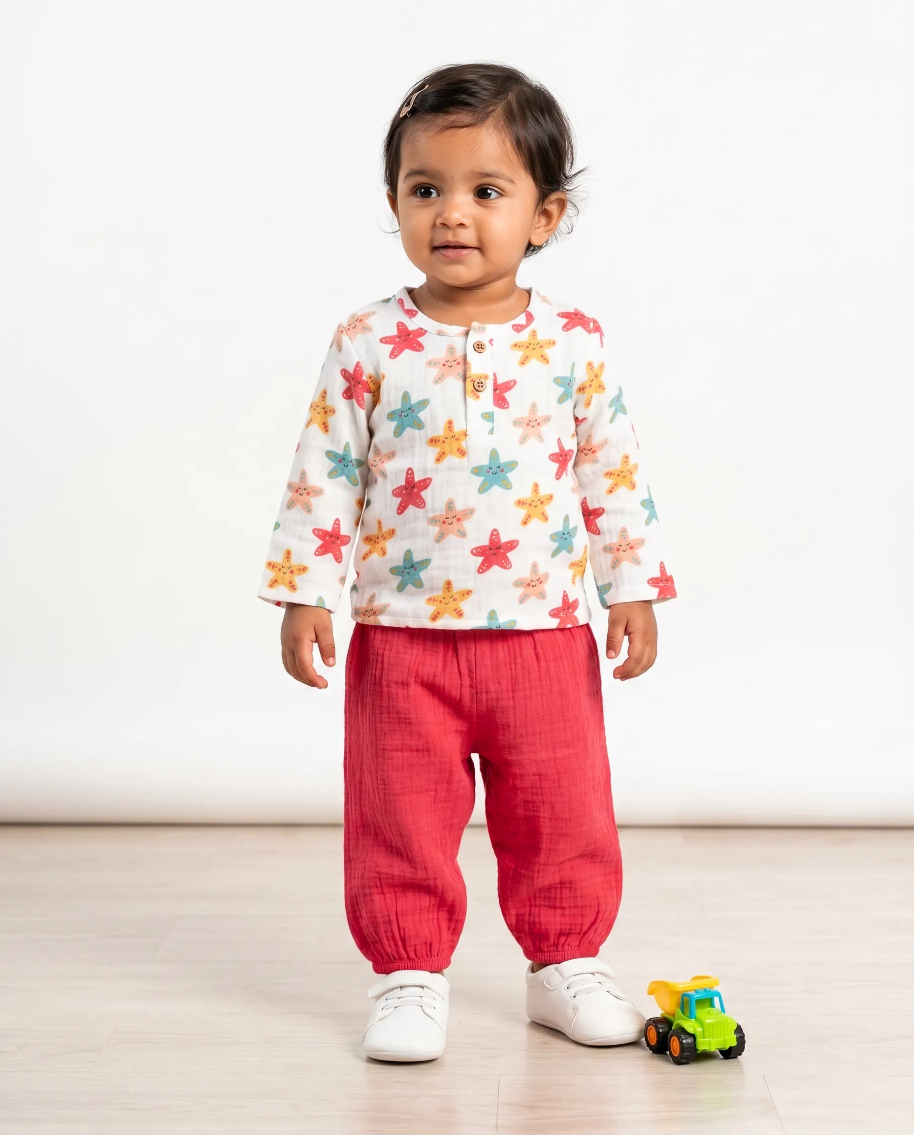 Crinkled Muslin Round Collar Full-Sleeve Casual Set