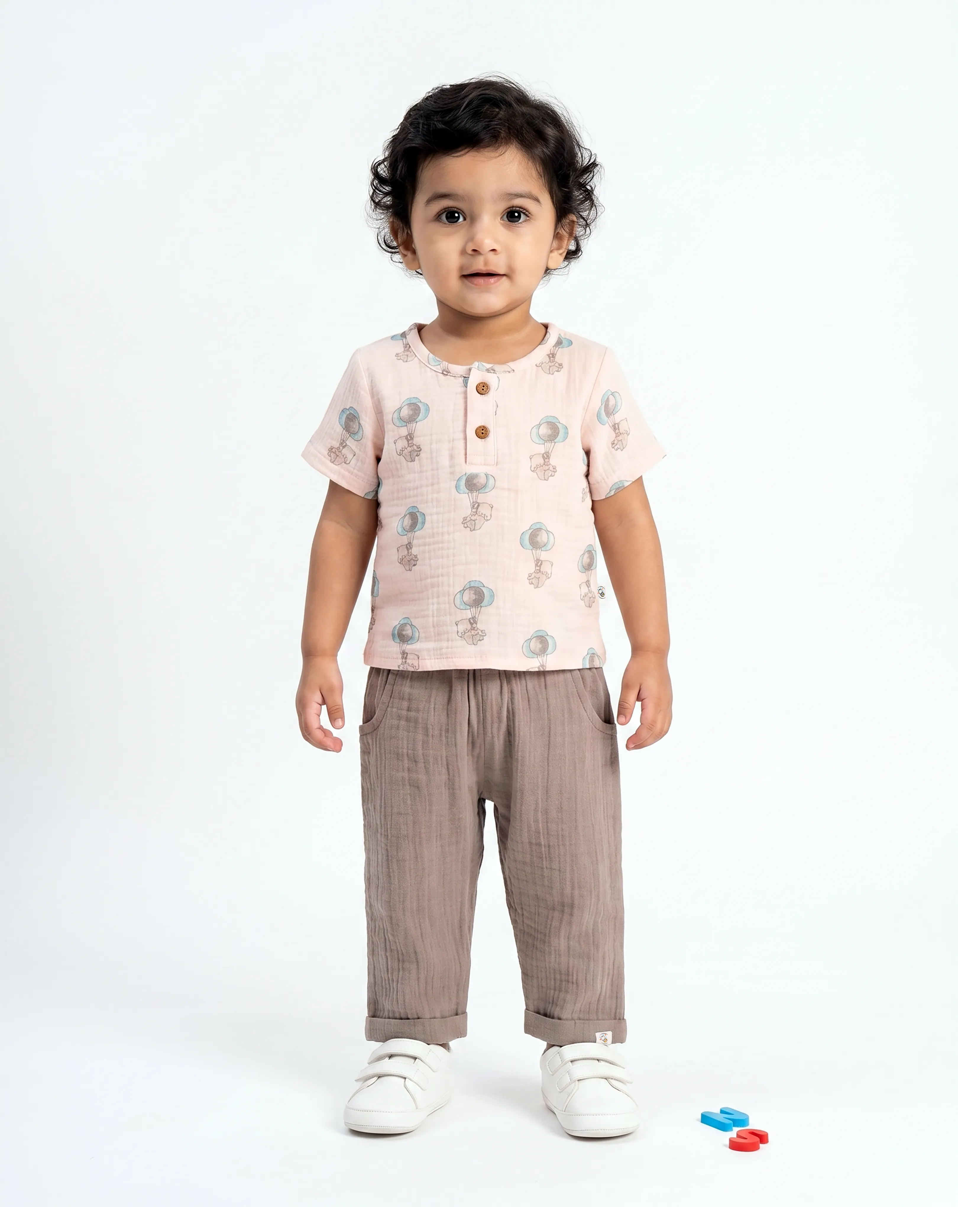 Crinkled Muslin  Round Collar Half-Sleeve Casual Set