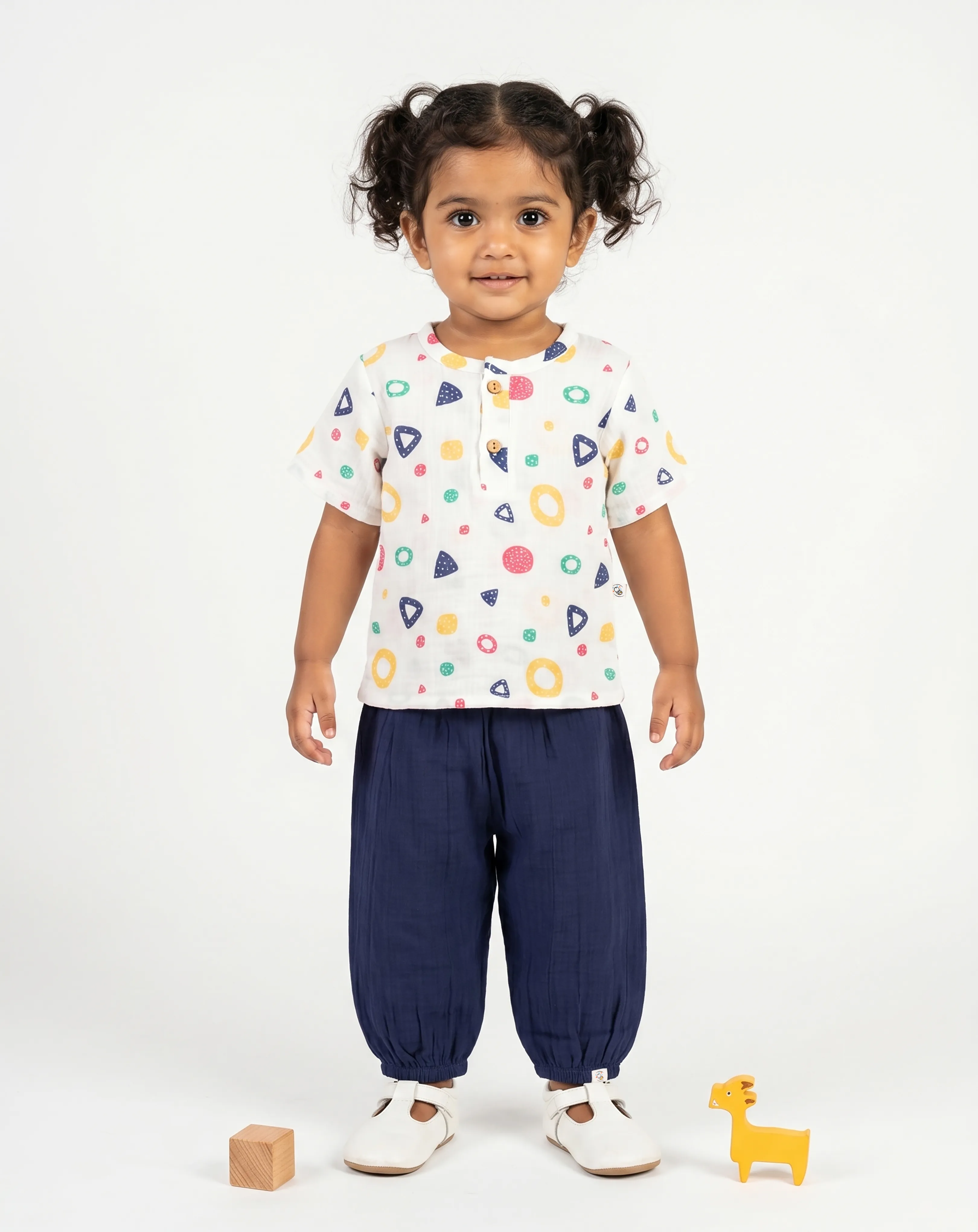 Crinkled Muslin Round Collar Half-Sleeve Casual Set