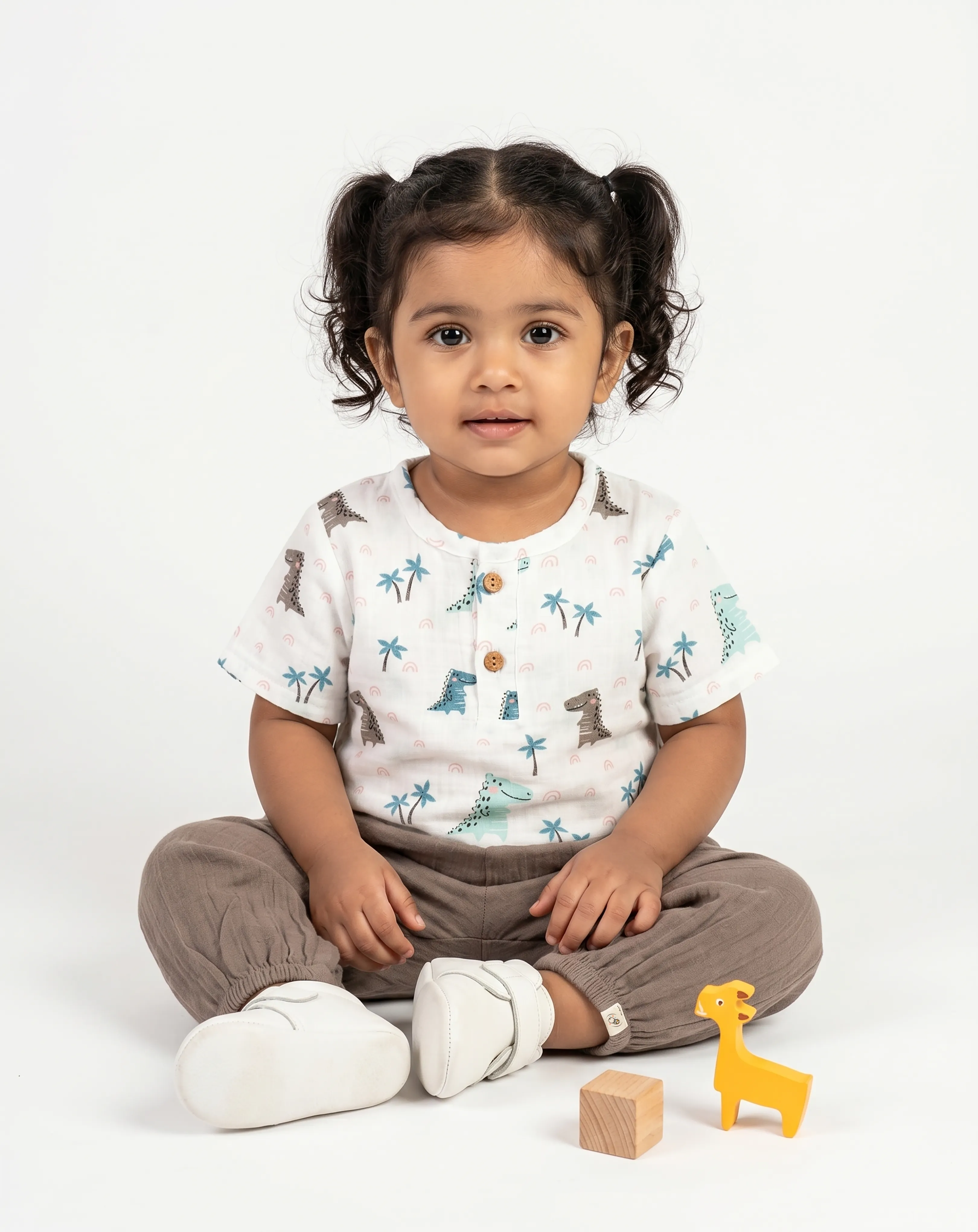 Crinkled Muslin Round Collar Half-Sleeve Casual Set