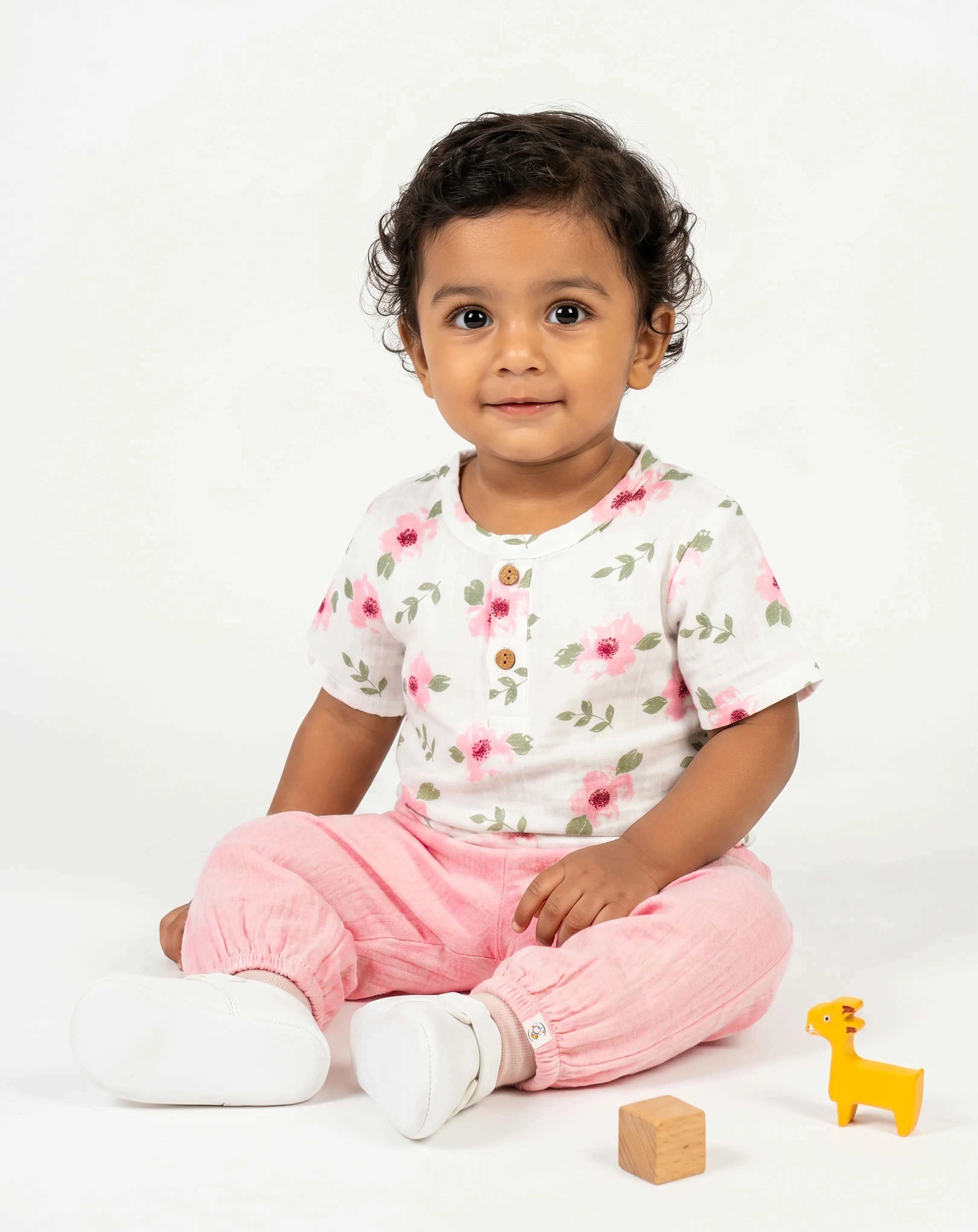 Crinkled Muslin Round Collar Half-Sleeve Casual Set