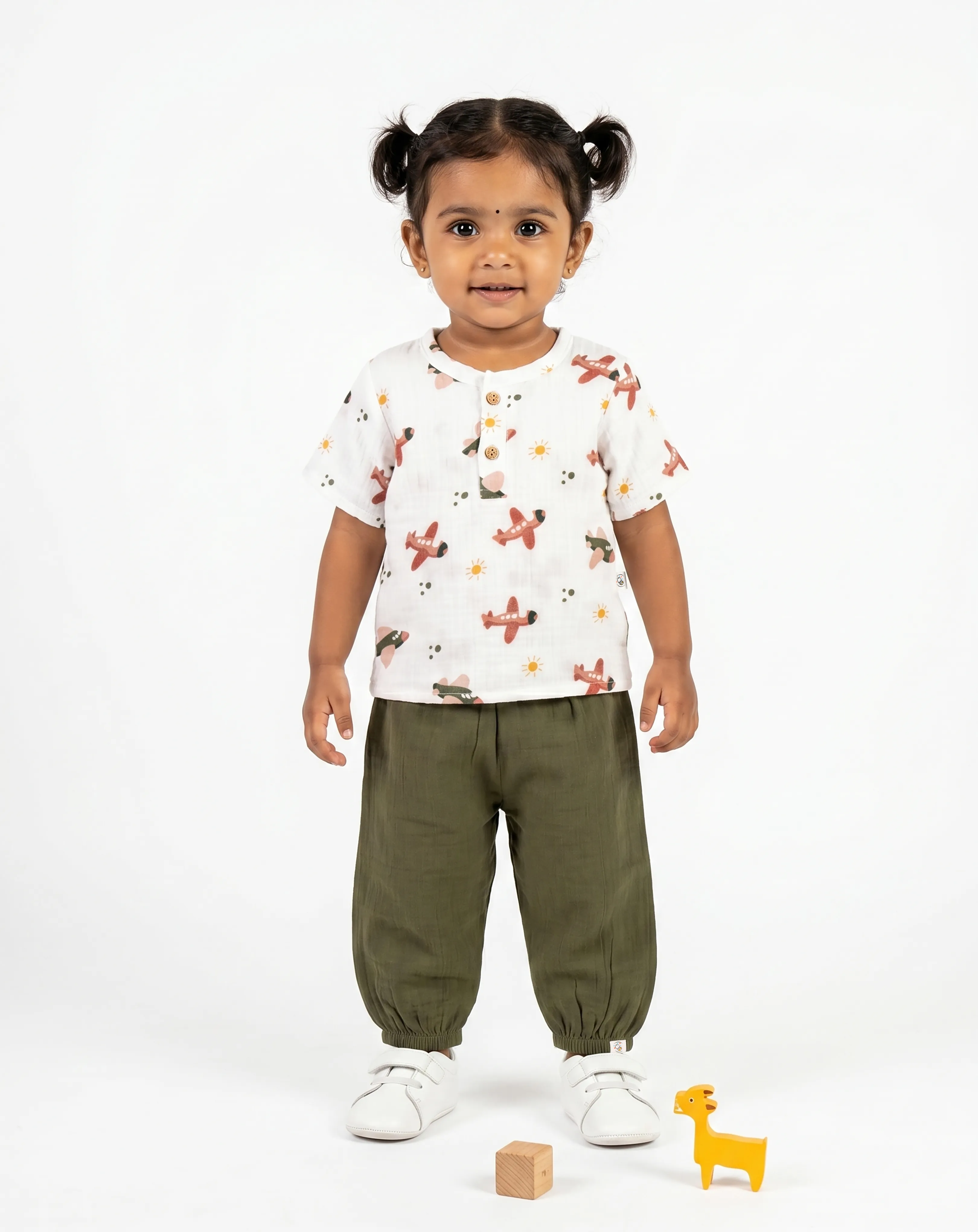Crinkled Muslin Round Collar Half-Sleeve Casual Set