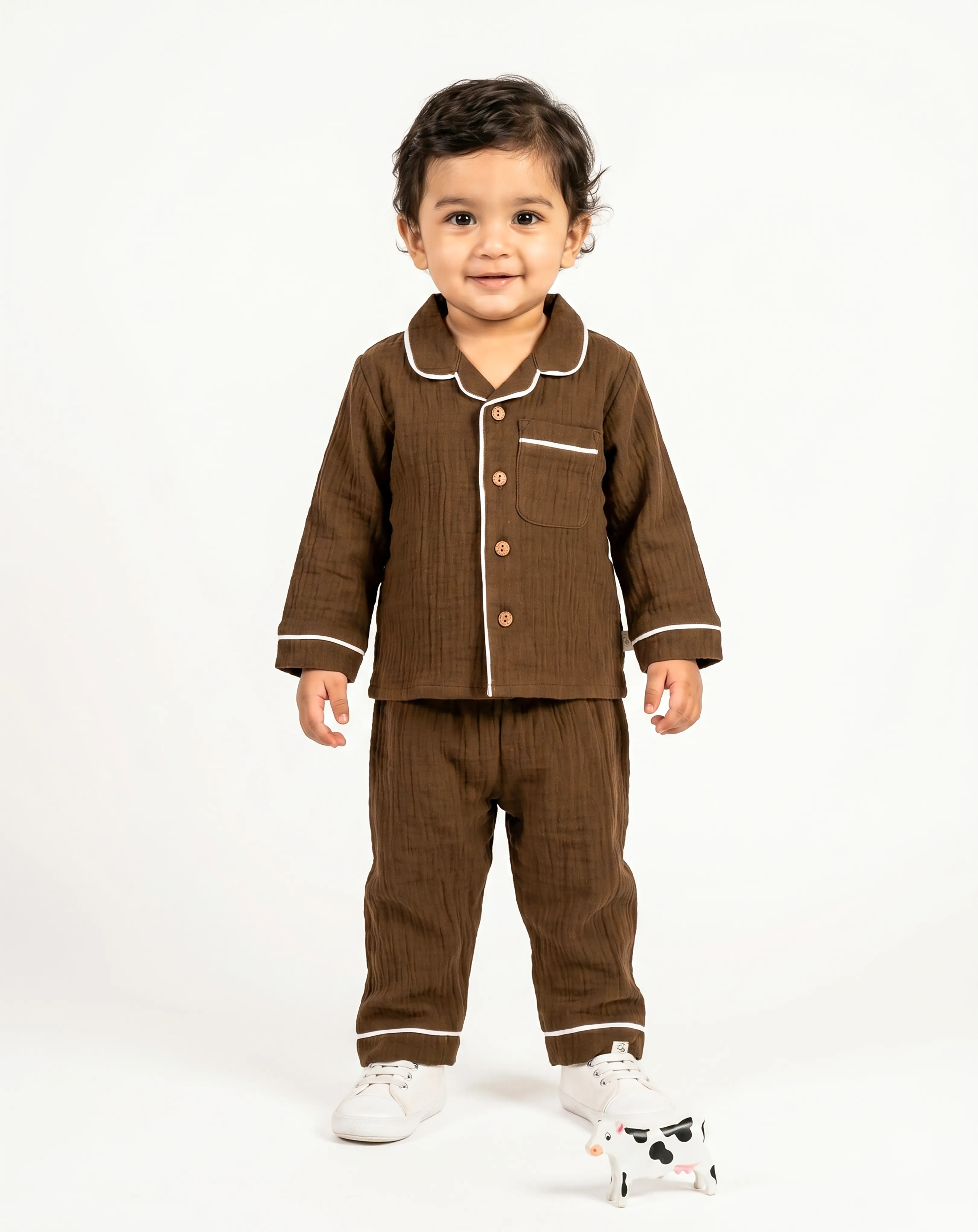 Crinkled Muslin Unisex Collar  Full-Sleeve Pyjama Set