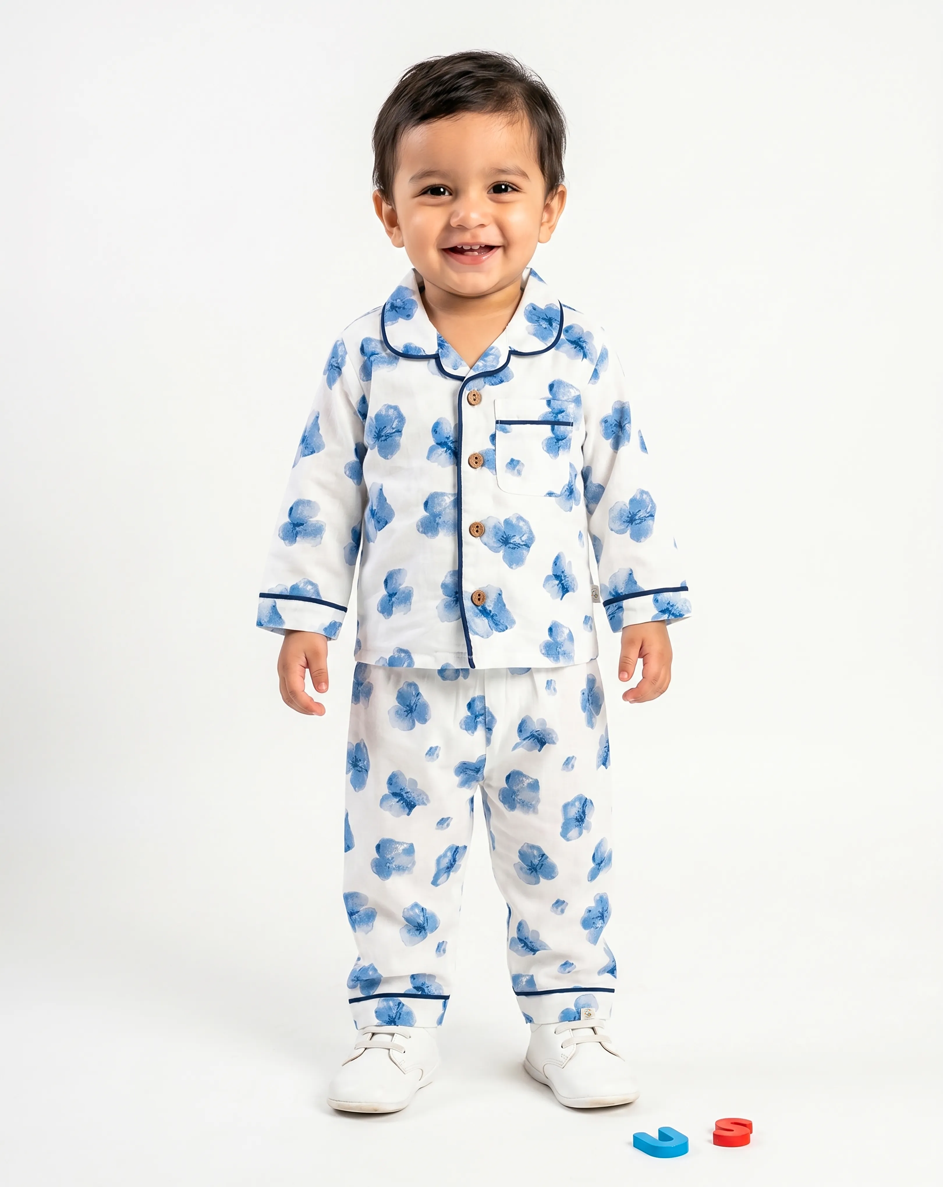 Crinkled Muslin Unisex Collar  Full-Sleeve Pyjama Set