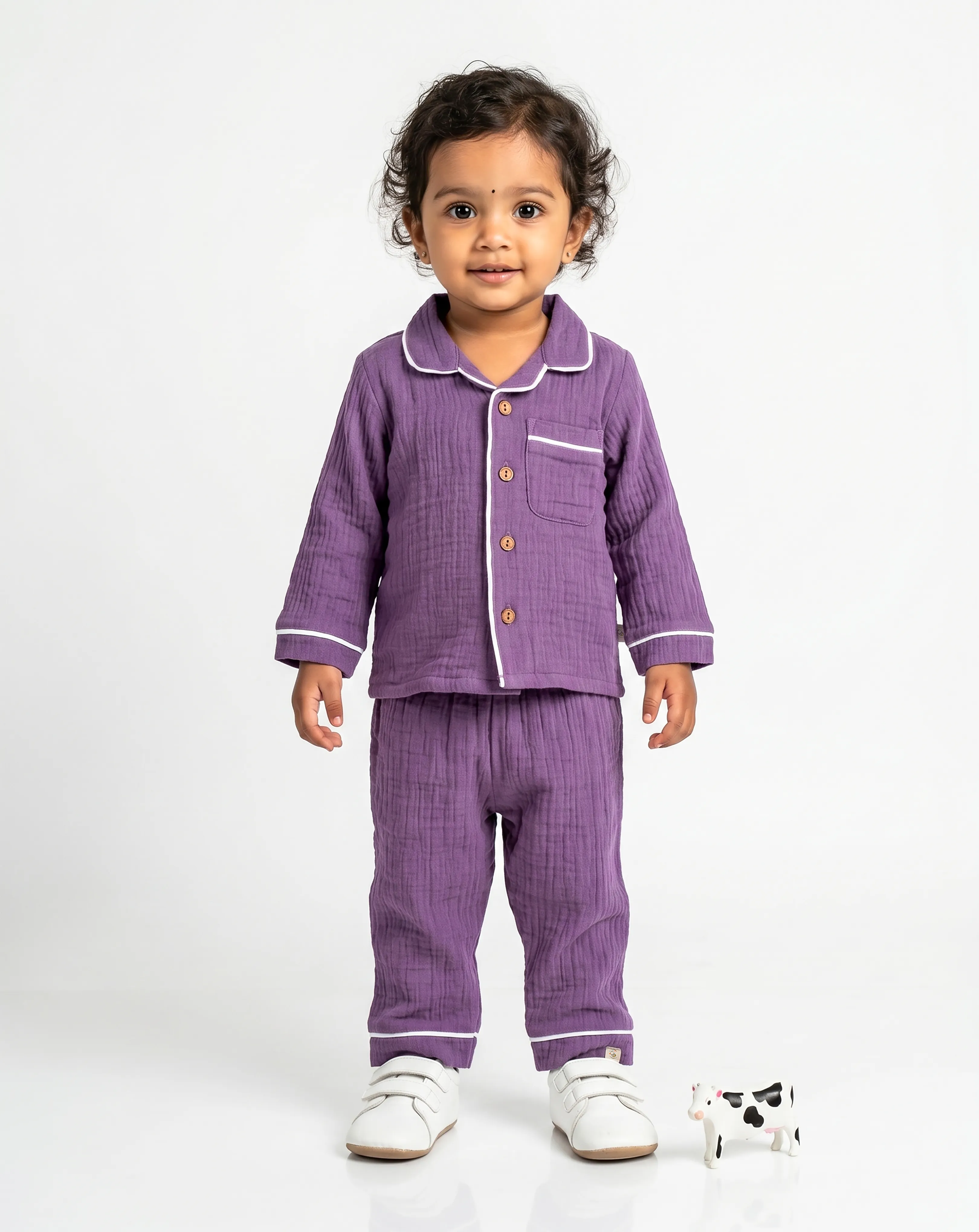 Crinkled Muslin Unisex Collar  Full-Sleeve Pyjama Set