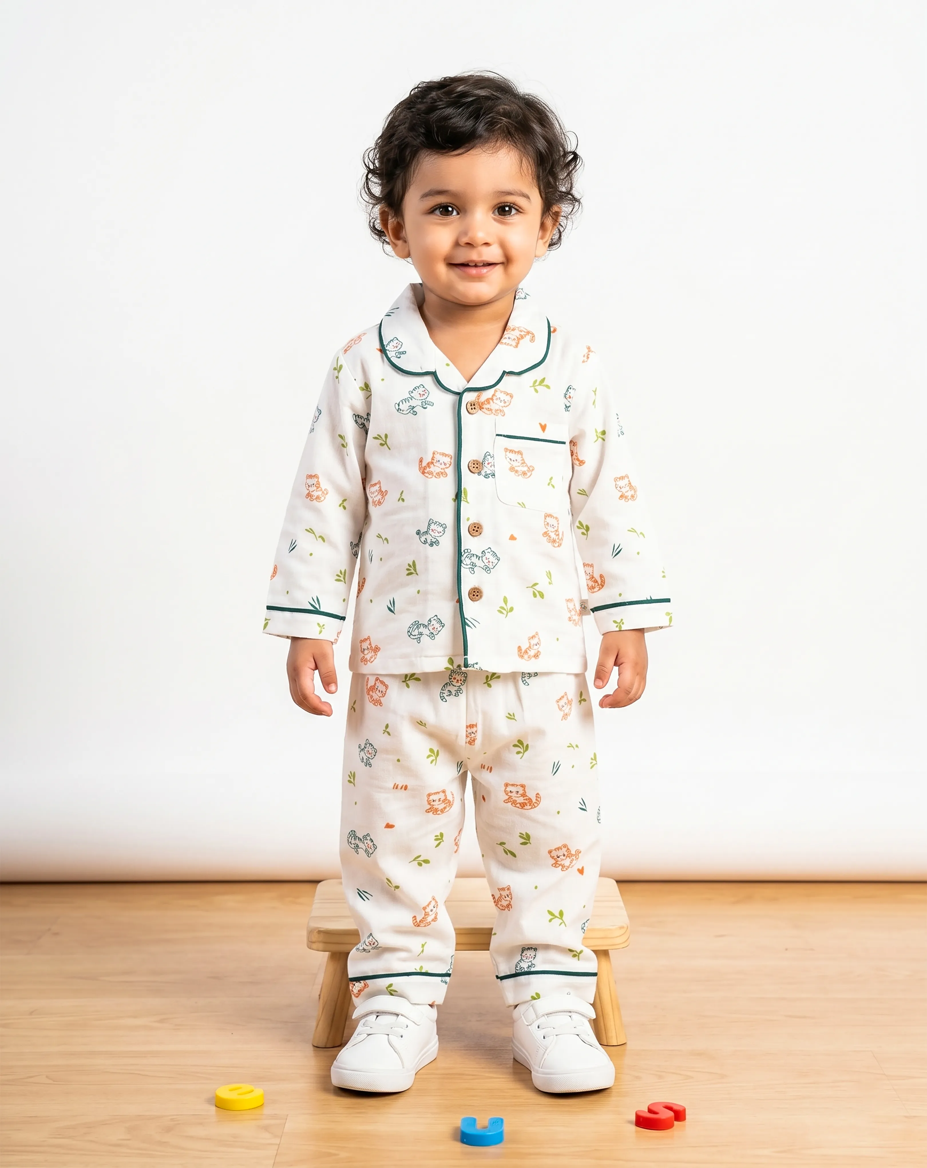 Crinkled Muslin Unisex Collar  Full-Sleeve Pyjama Set