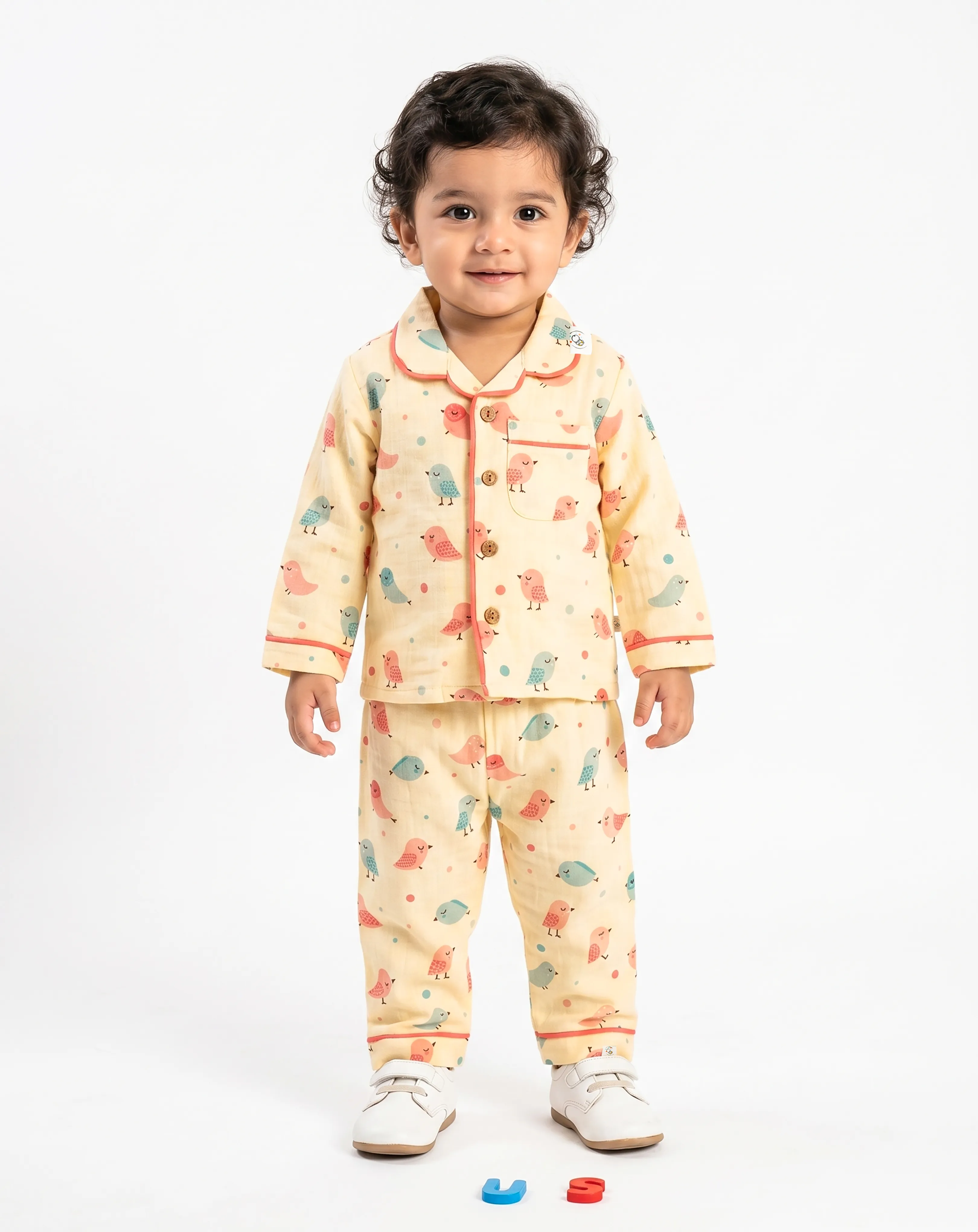 Crinkled Muslin Unisex Collar  Full-Sleeve Pyjama Set
