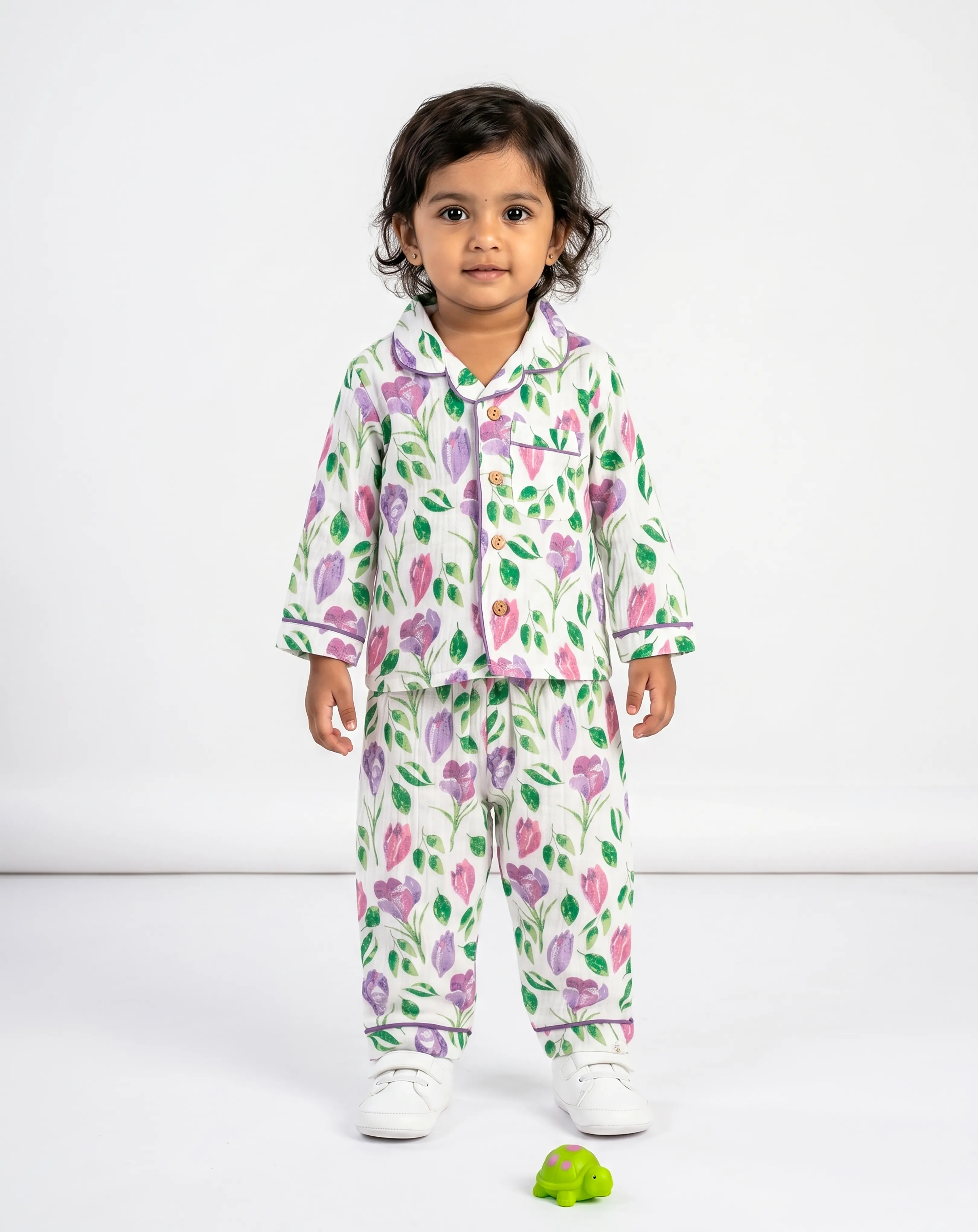 Crinkled Muslin Unisex Collar  Full-Sleeve Pyjama Set