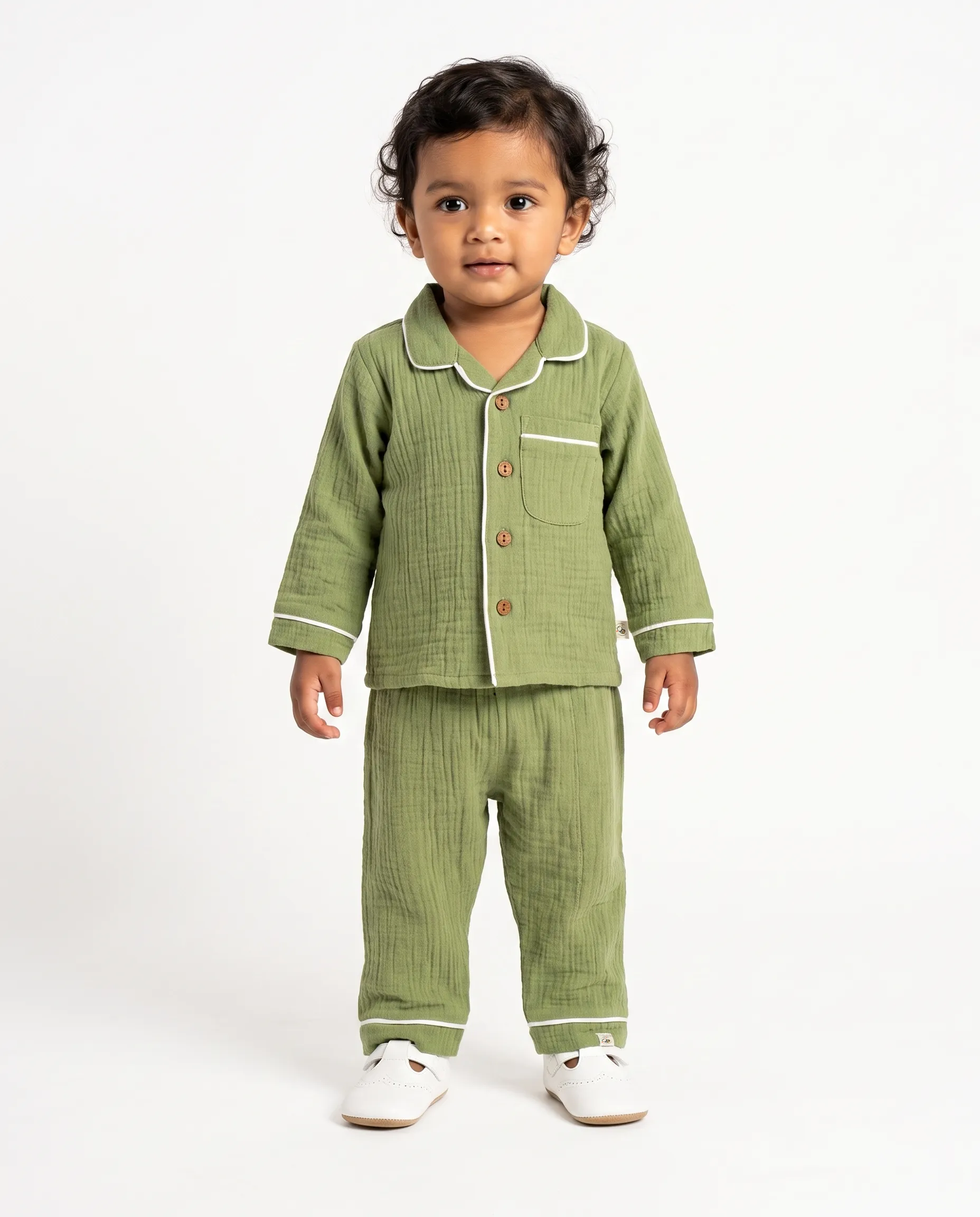 Crinkled Muslin Unisex Collar  Full-Sleeve Pyjama Set