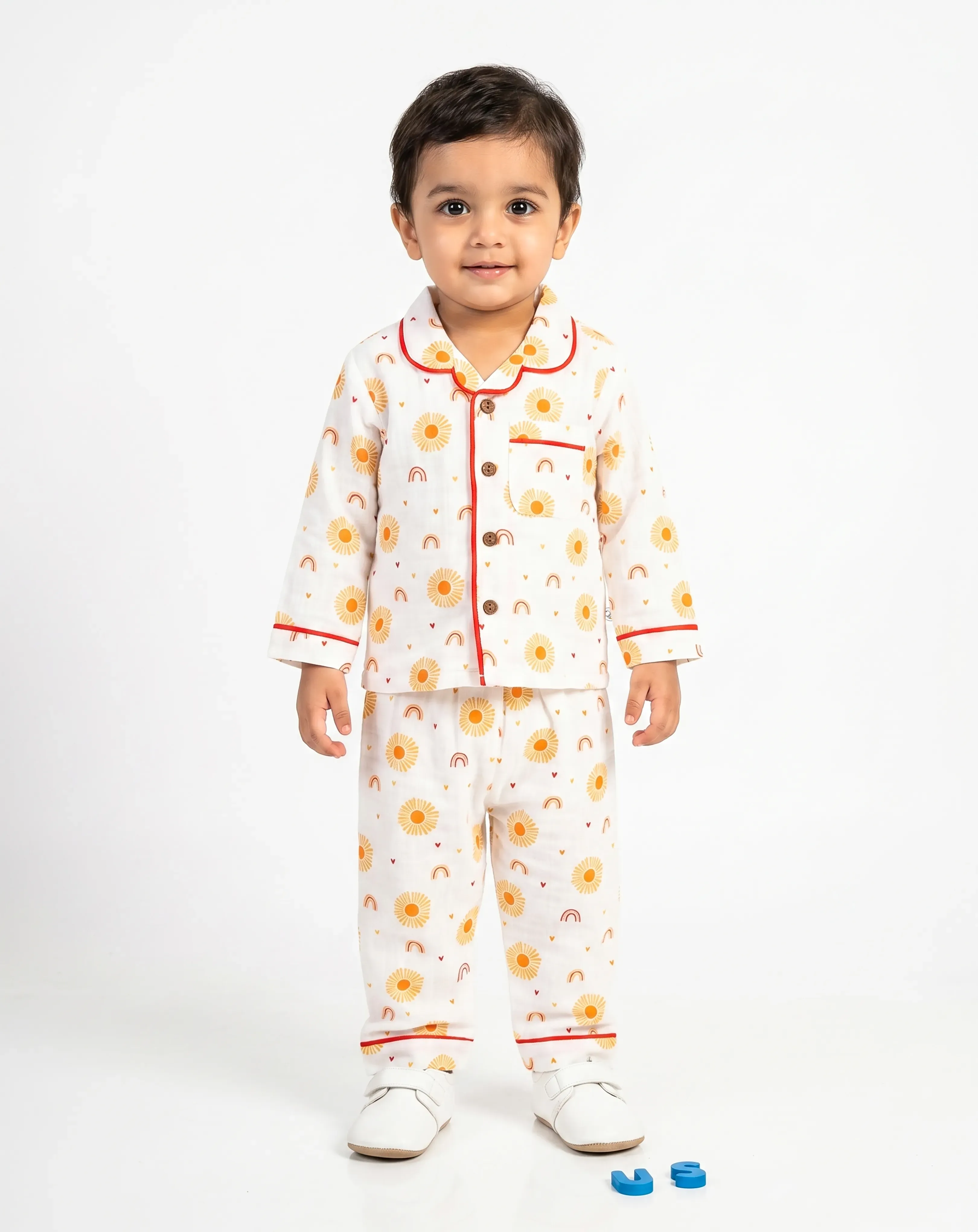 Crinkled Muslin Unisex Collar  Full-Sleeve Pyjama Set