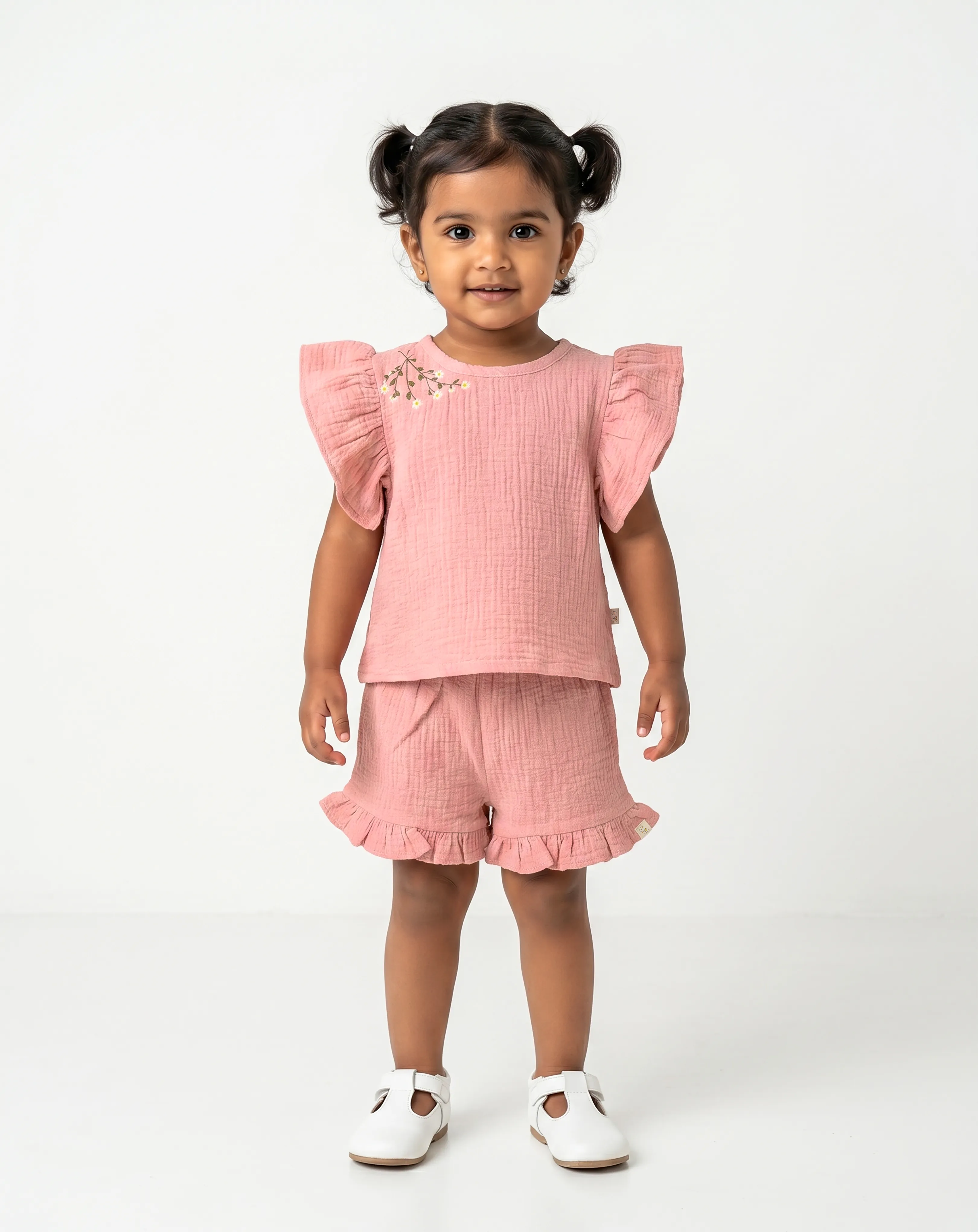 Crinkled Muslin Boat Neck Frill-Sleeve Co-Ords Set