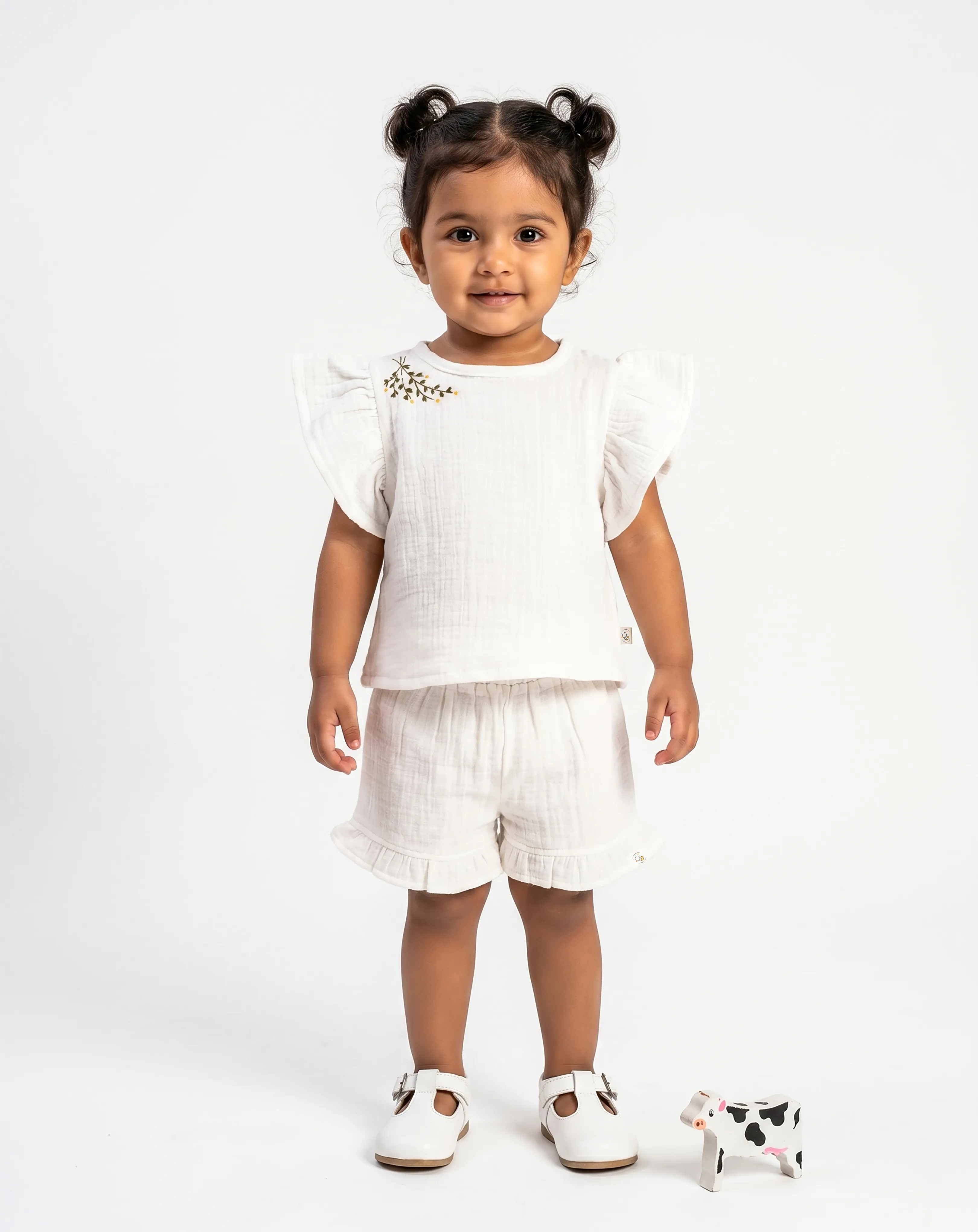 Crinkled Muslin Boat Neck Frill-Sleeve Co-Ords Set