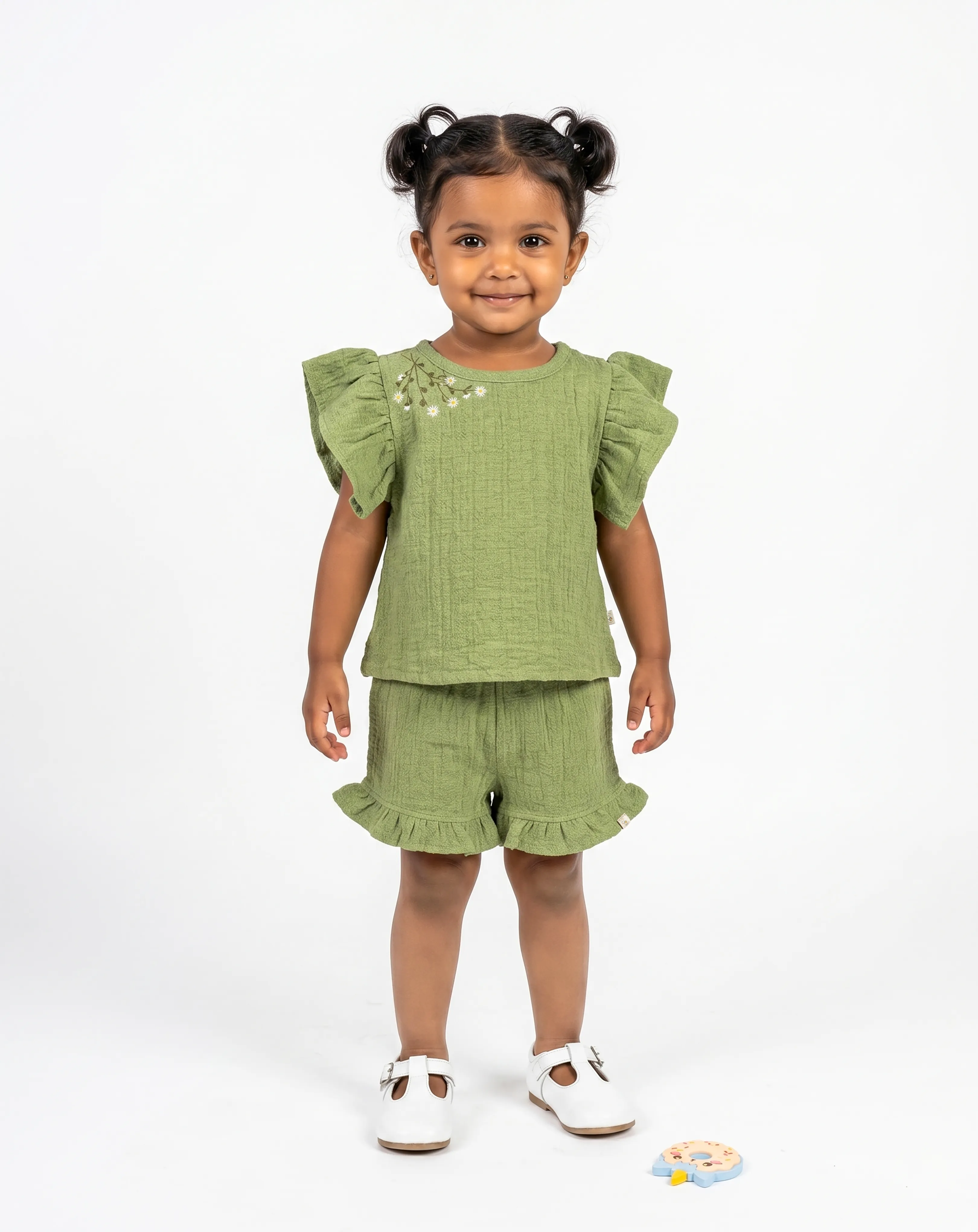 Crinkled Muslin Boat Neck Frill-Sleeve Co-Ords Set