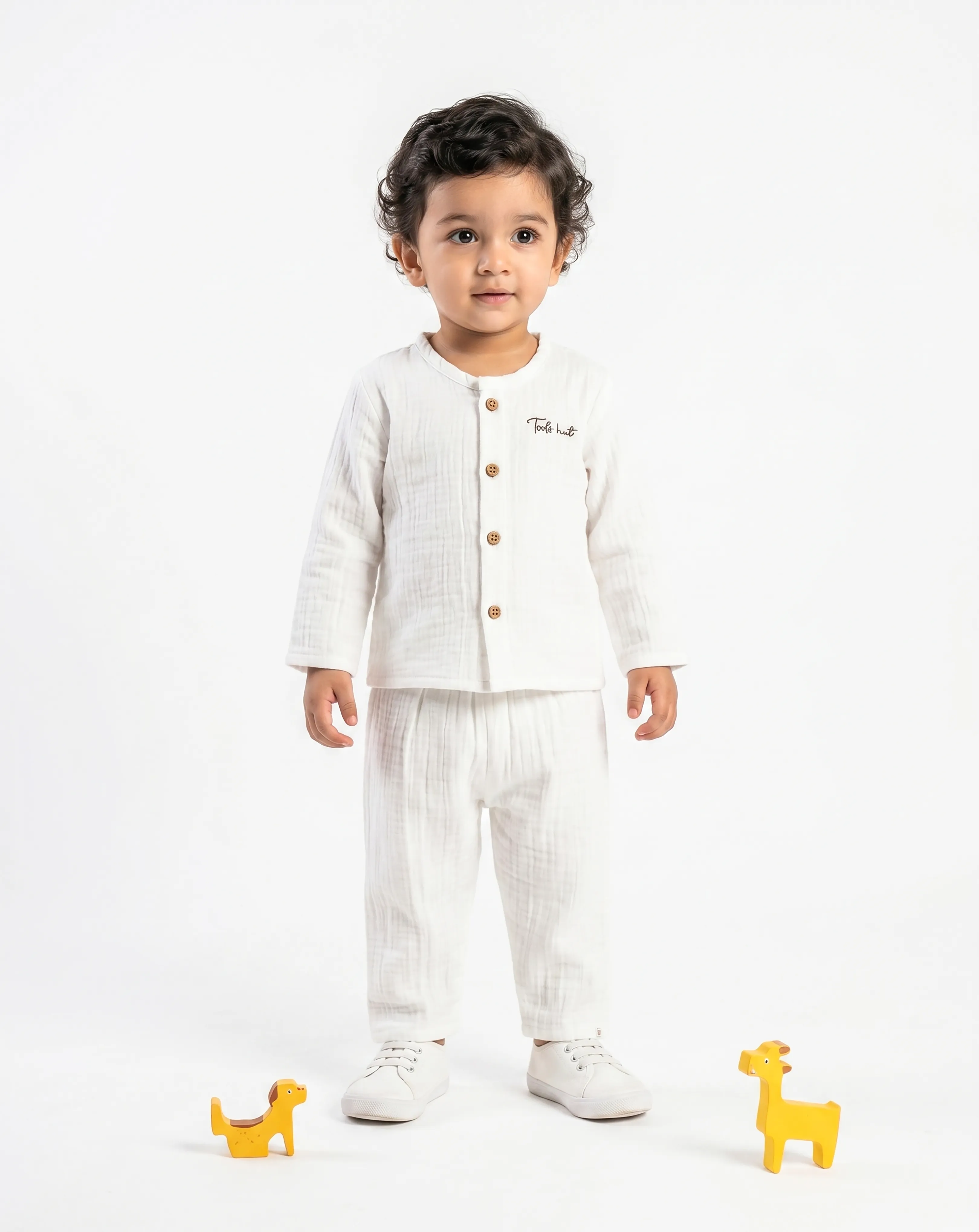 Crinkled Muslin Night Dress Round Collar Full-Sleeve