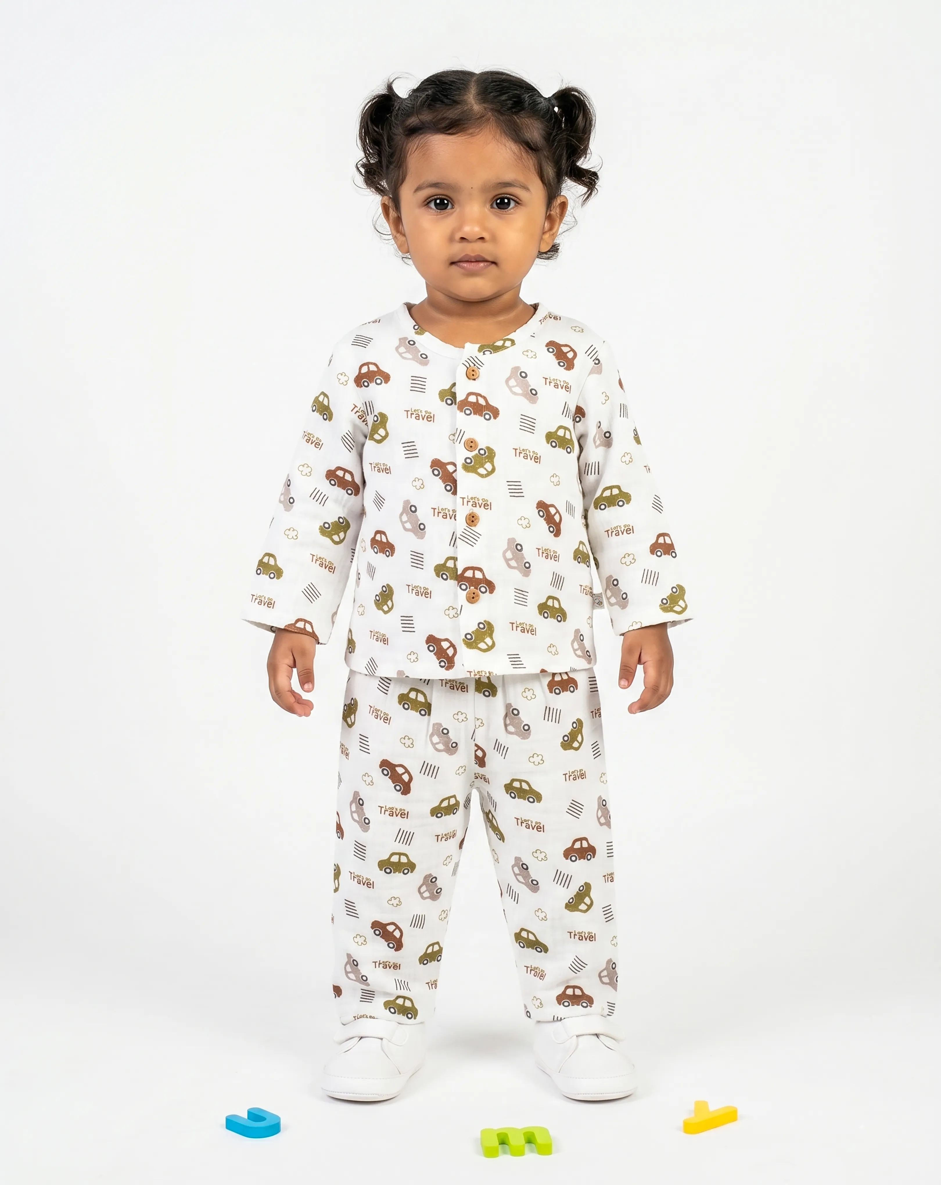 Crinkled Muslin Night Dress Round Collar Full-Sleeve