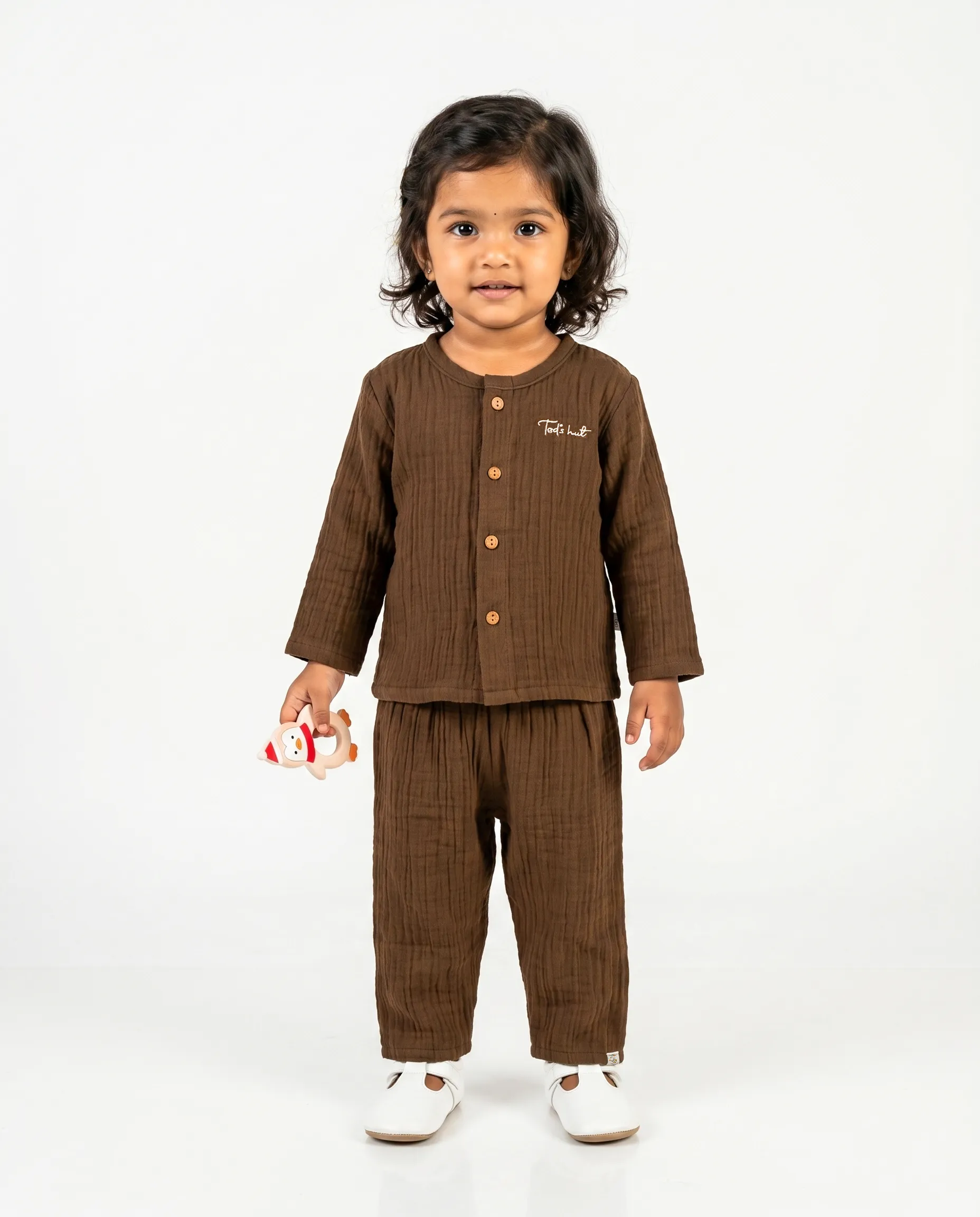 Crinkled Muslin Night Dress Round Collar Full-Sleeve