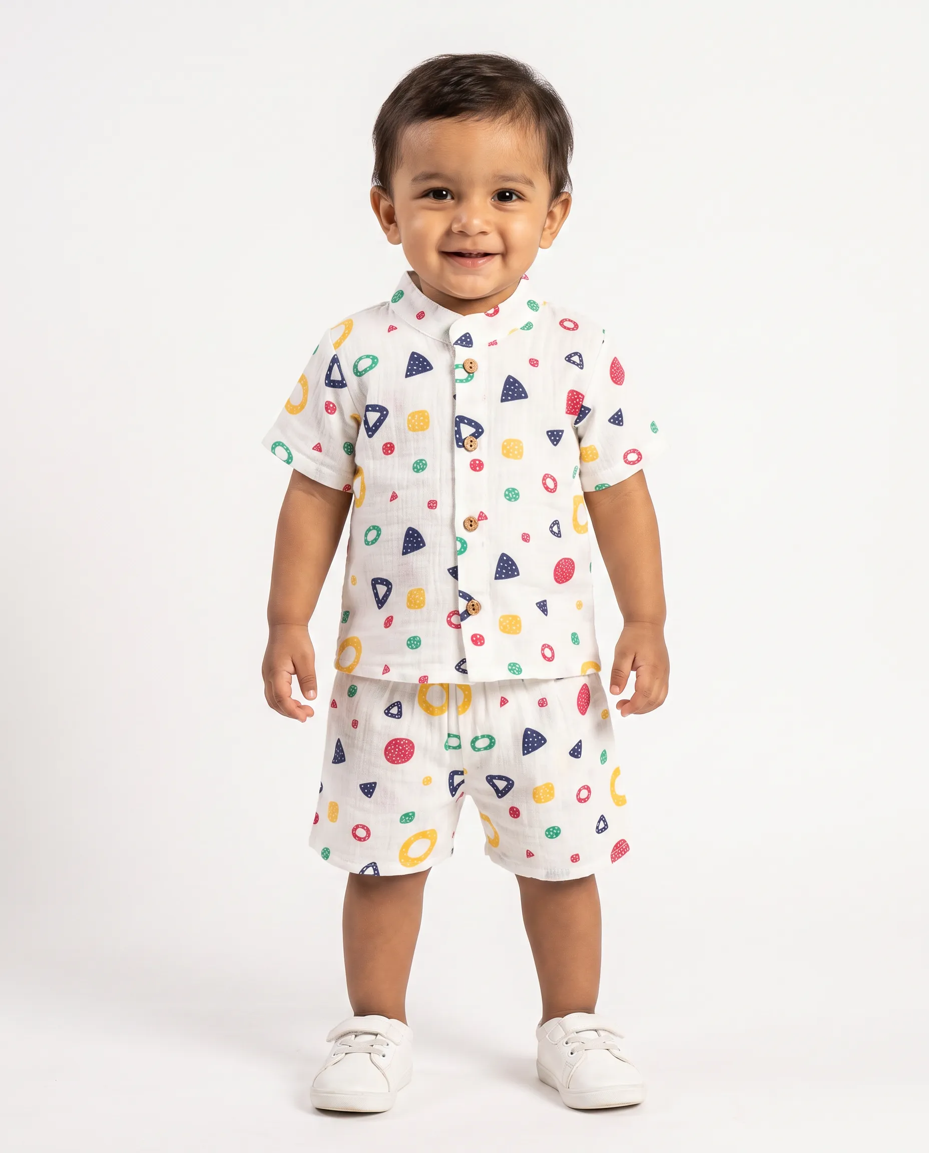 Crinkled Muslin Chinese Collar Half-Sleeve Co-Ords Set