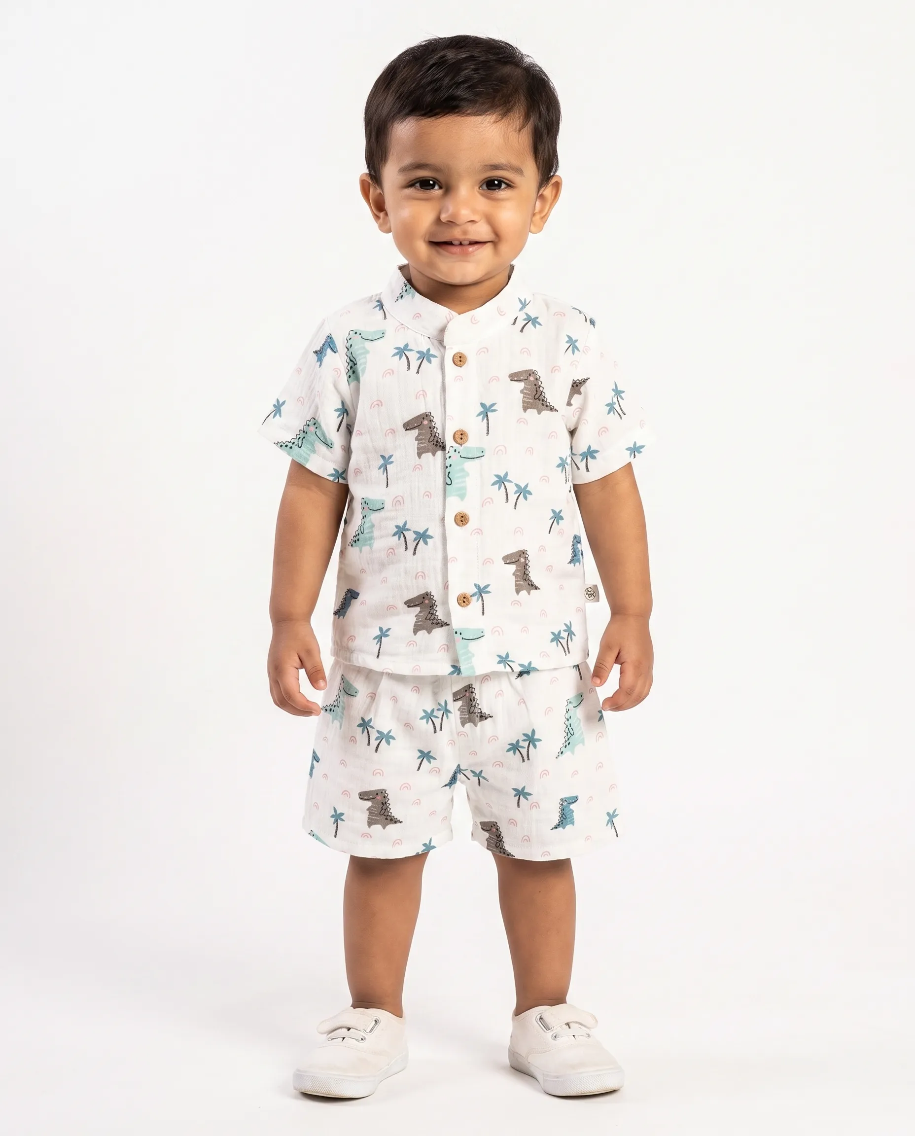 Crinkled Muslin Chinese Collar Half-Sleeve Co-Ords Set