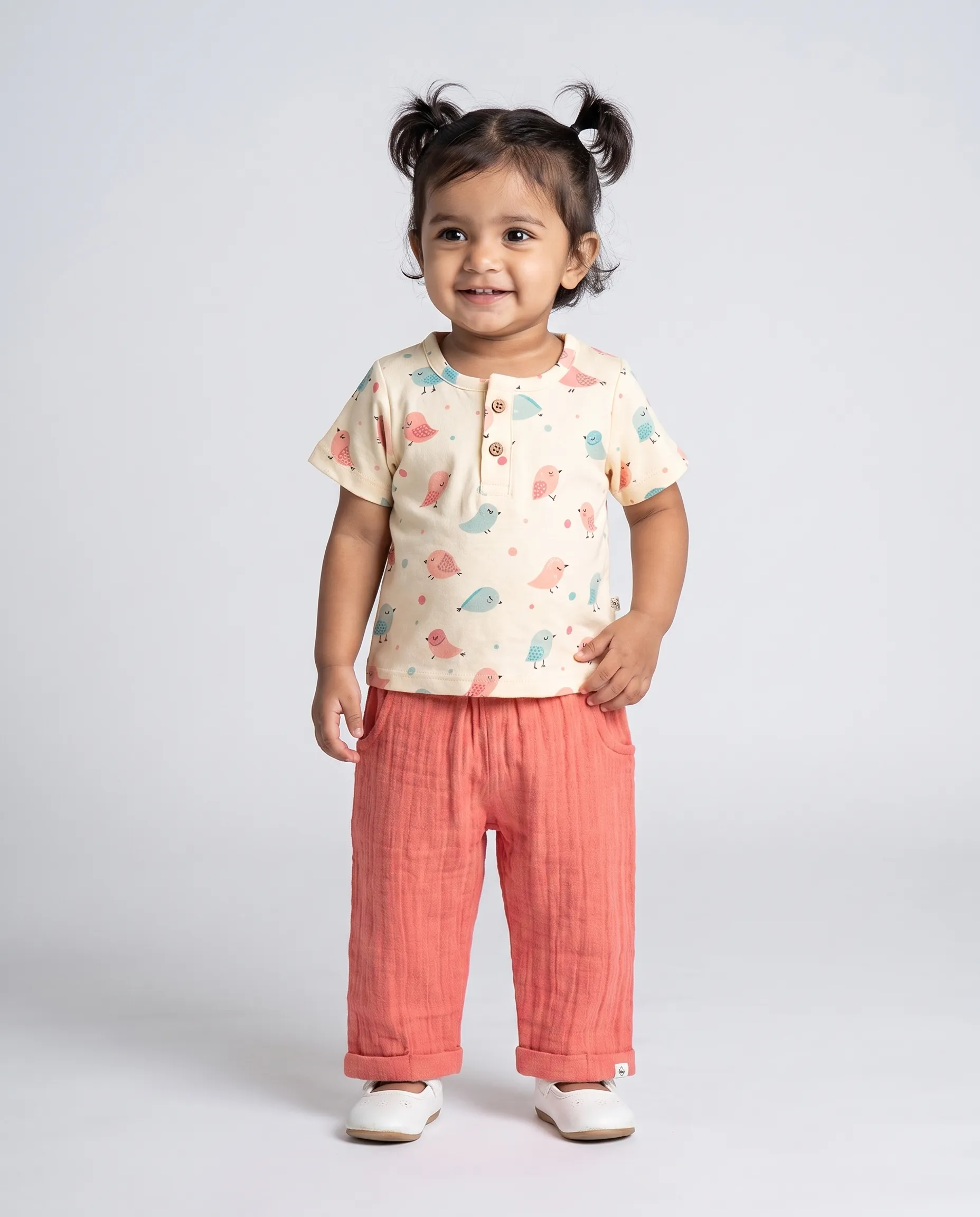 Crinkled Muslin  Round Collar Half-Sleeve Casual Set