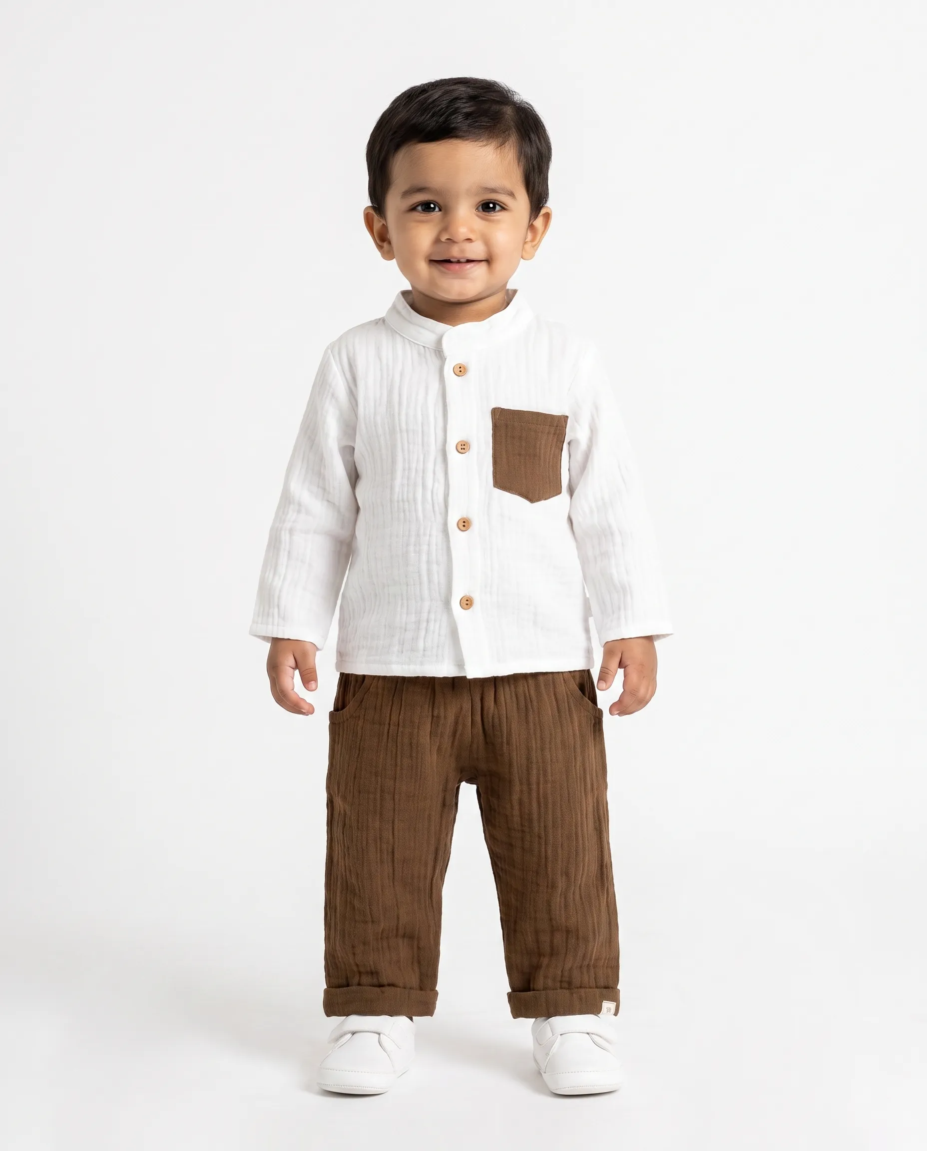 Crinkled Muslin Chinese Collar Full-Sleeve Casuals
