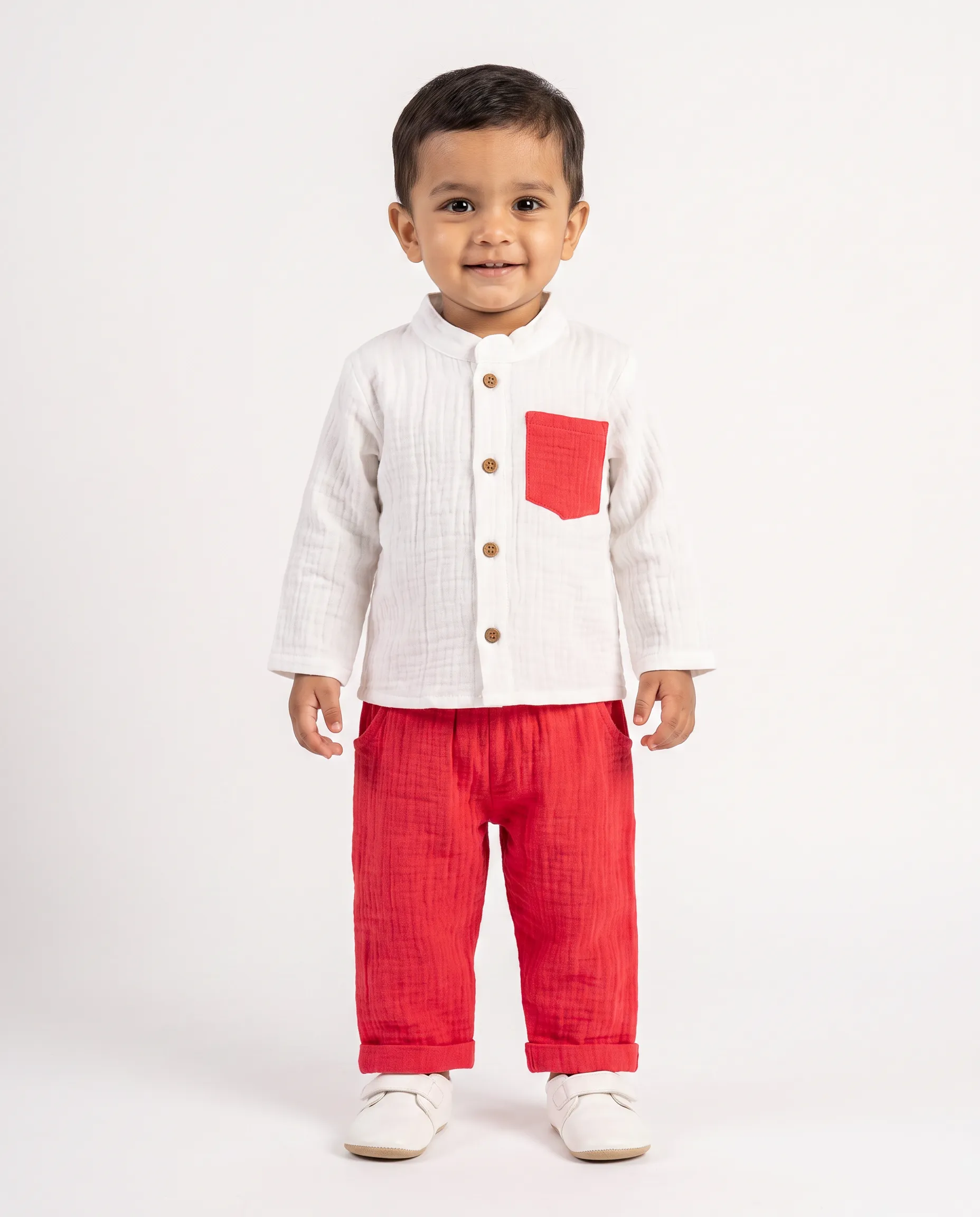 Crinkled Muslin Chinese Collar Full-Sleeve Casuals