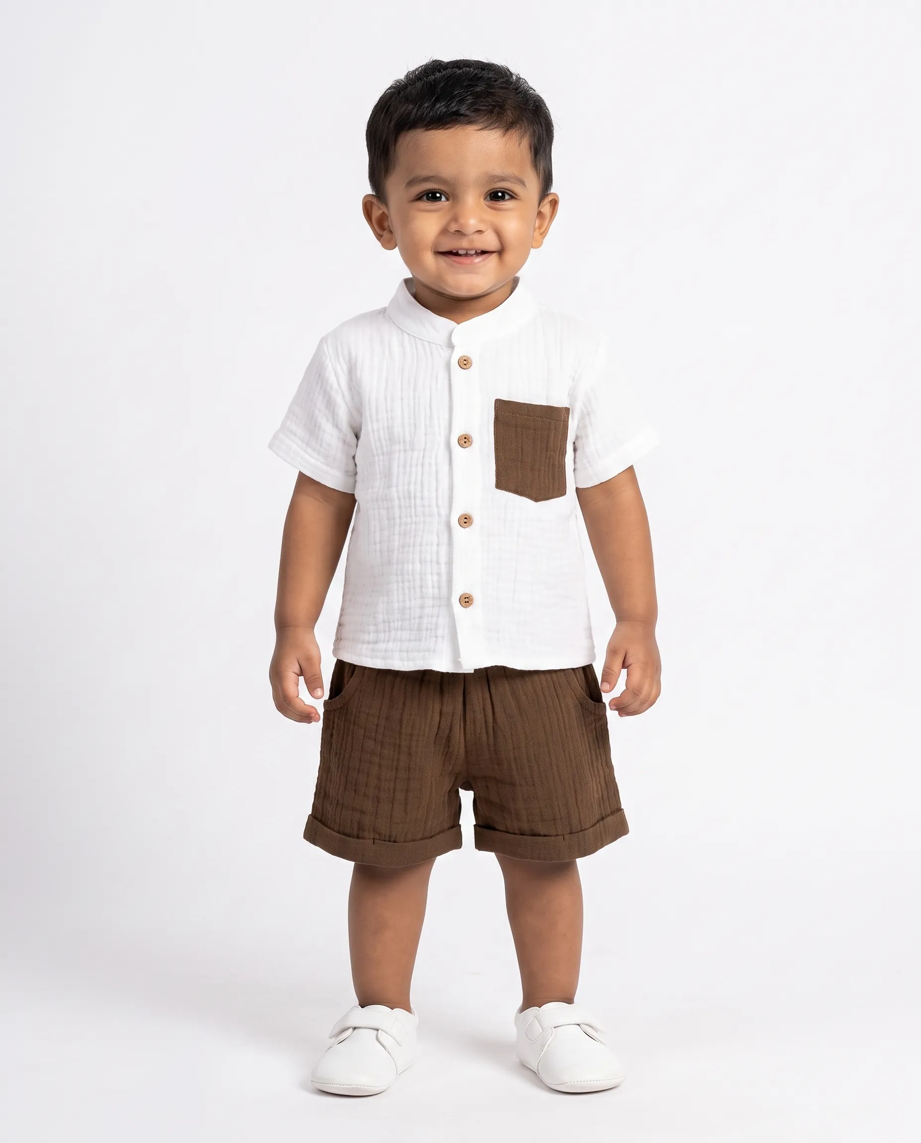 Crinkled Muslin Chinese Collar Half-Sleeve Casuals