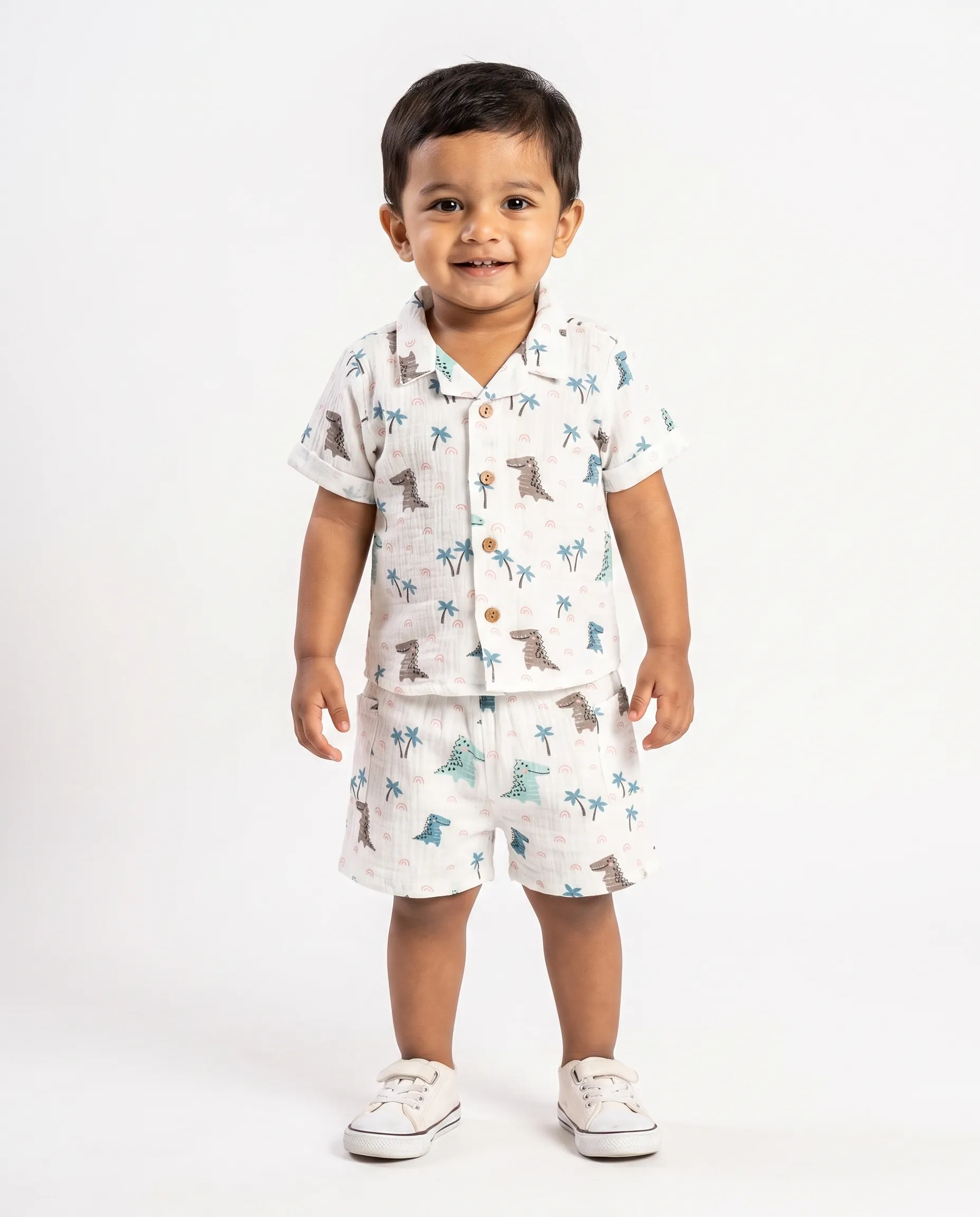 Crinkled Muslin Cuban Collar Half-Sleeve Co-Ords Set