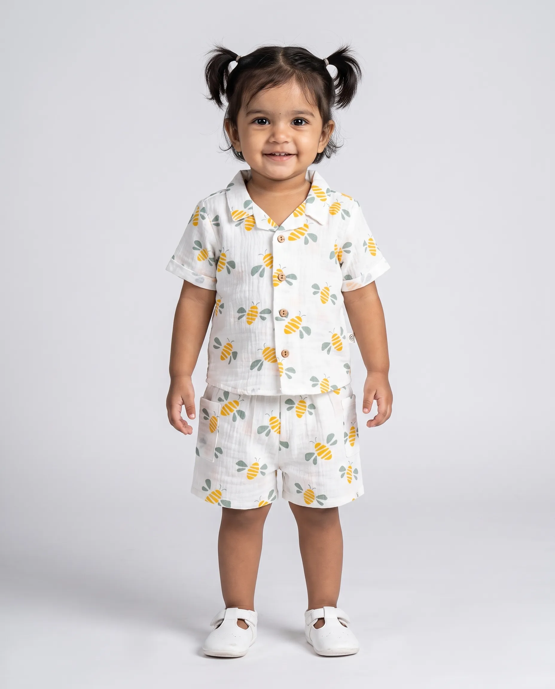 Crinkled Muslin Cuban Collar Half-Sleeve Co-Ords Set