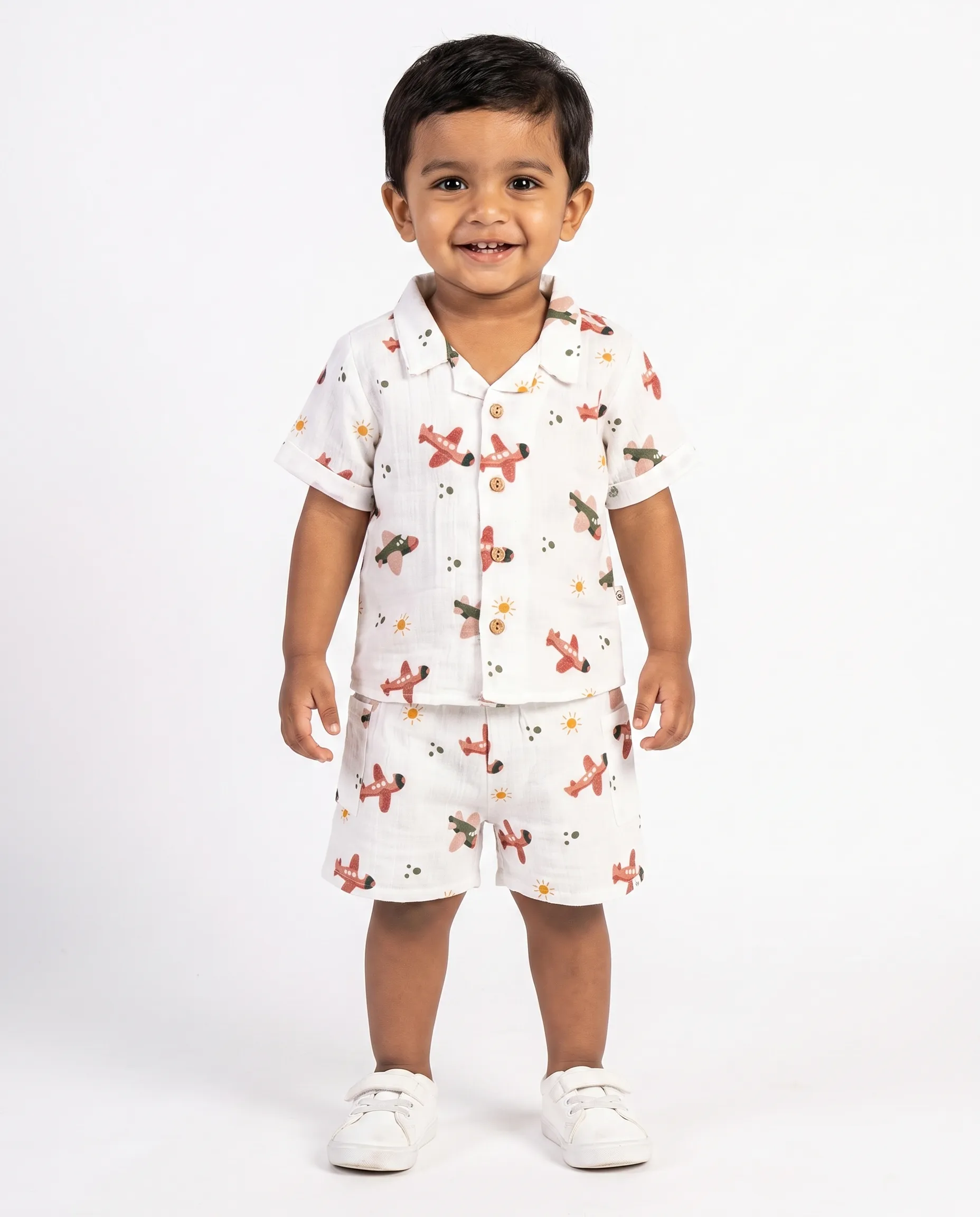 Crinkled Muslin Cuban Collar Half-Sleeve Co-Ords Set