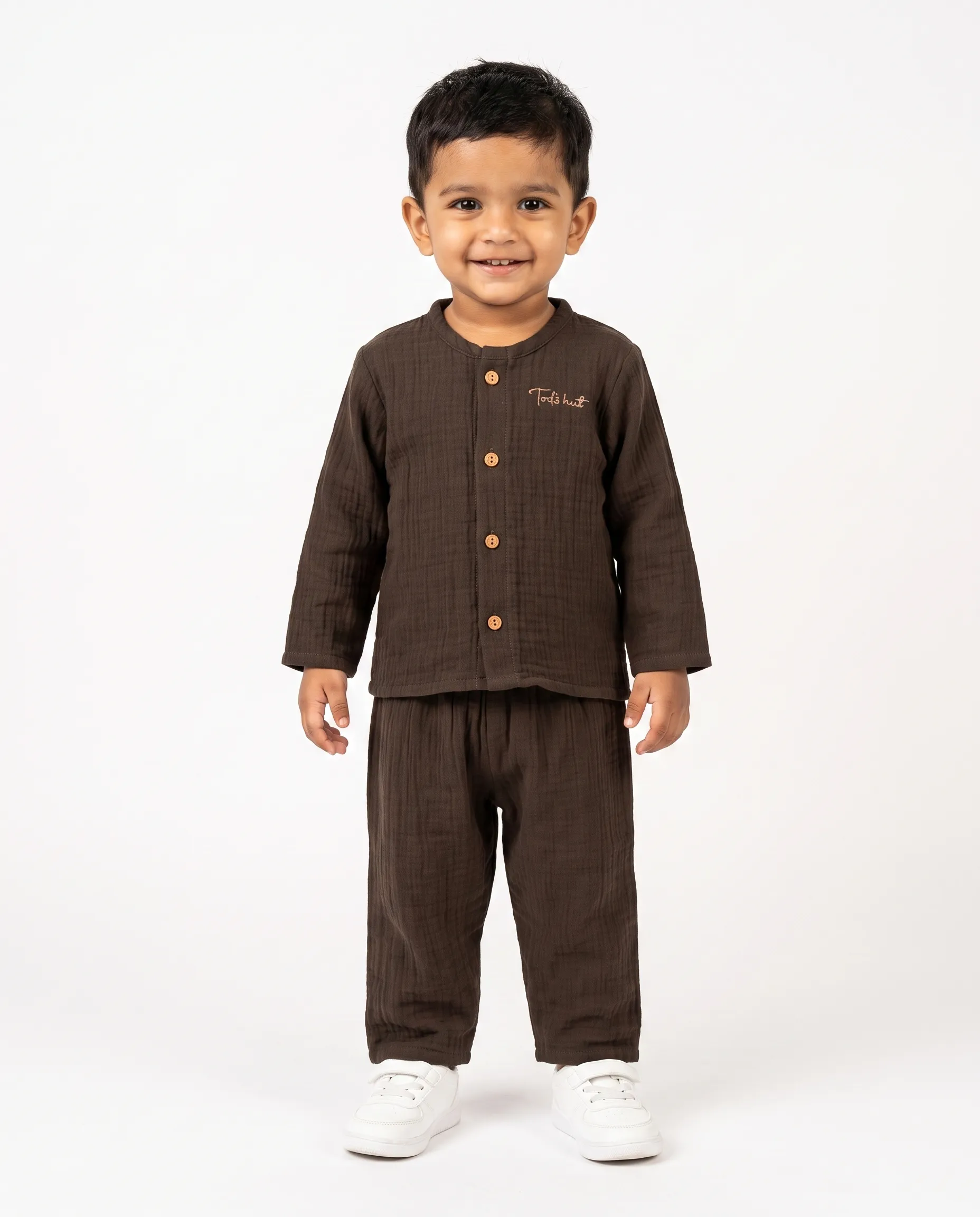 Crinkled Muslin Night Dress Round Collar Full-Sleeve