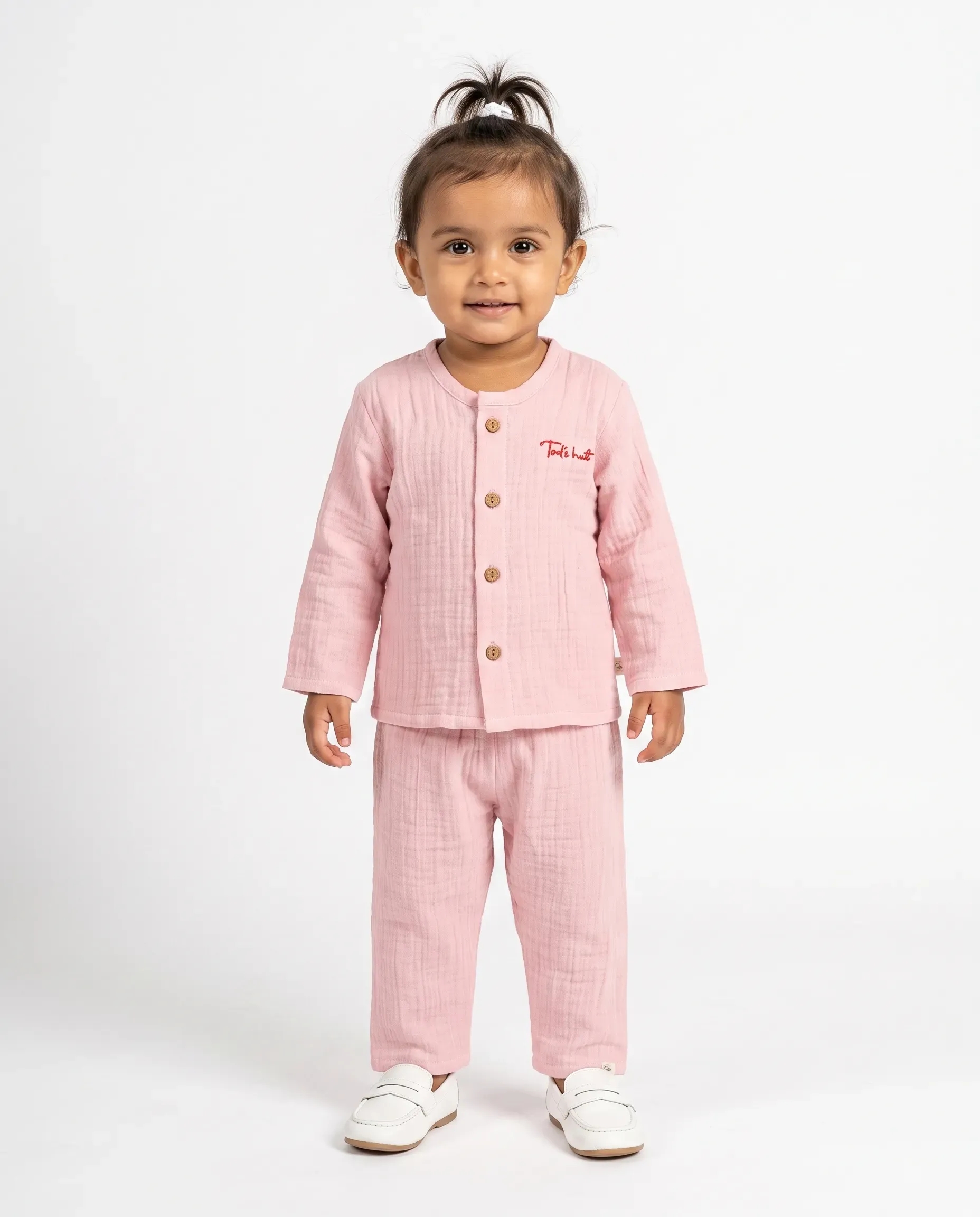 Crinkled Muslin Night Dress Round Collar Full-Sleeve