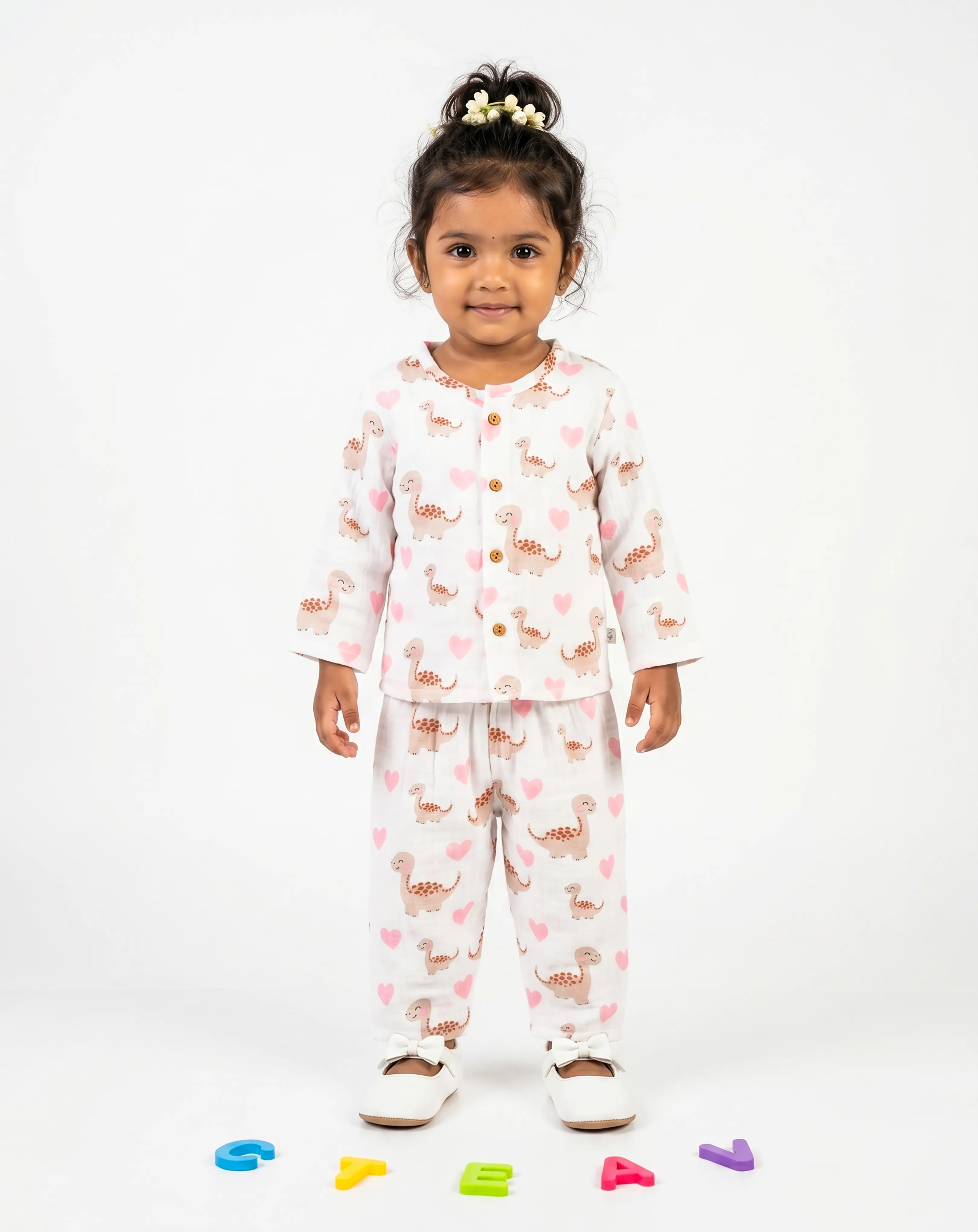 Crinkled Muslin Night Dress Round Collar Full-Sleeve