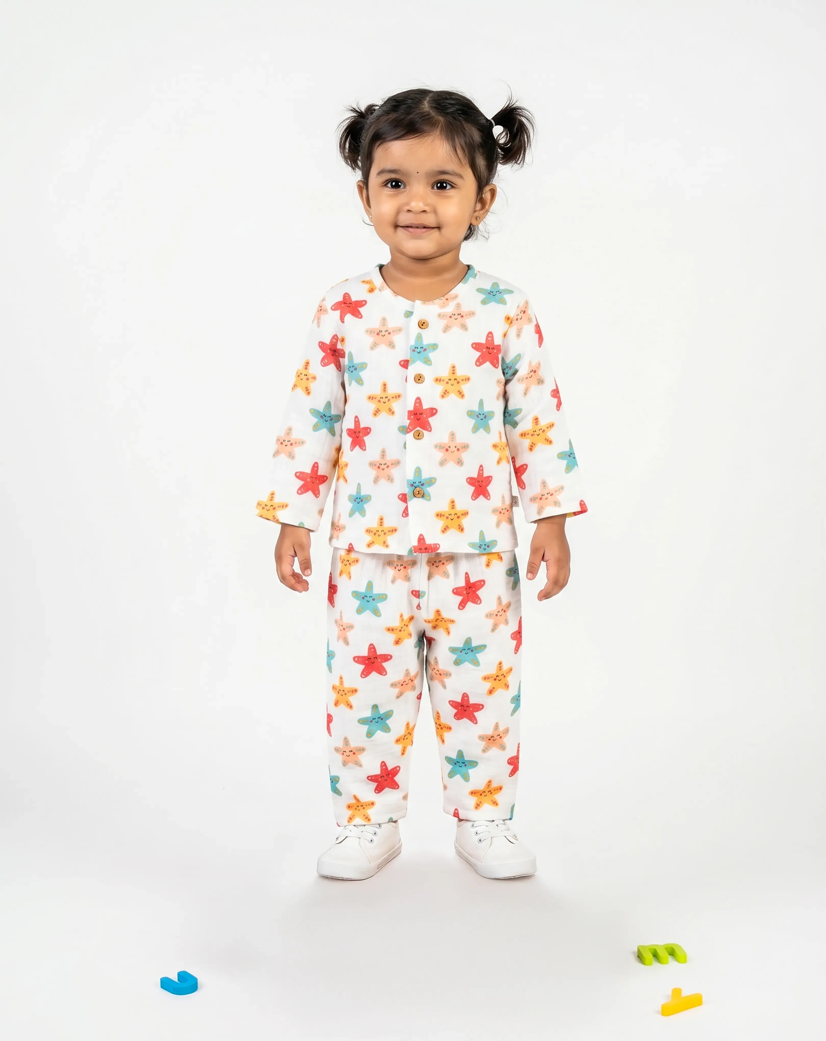 Crinkled Muslin Night Dress Round Collar Full-Sleeve
