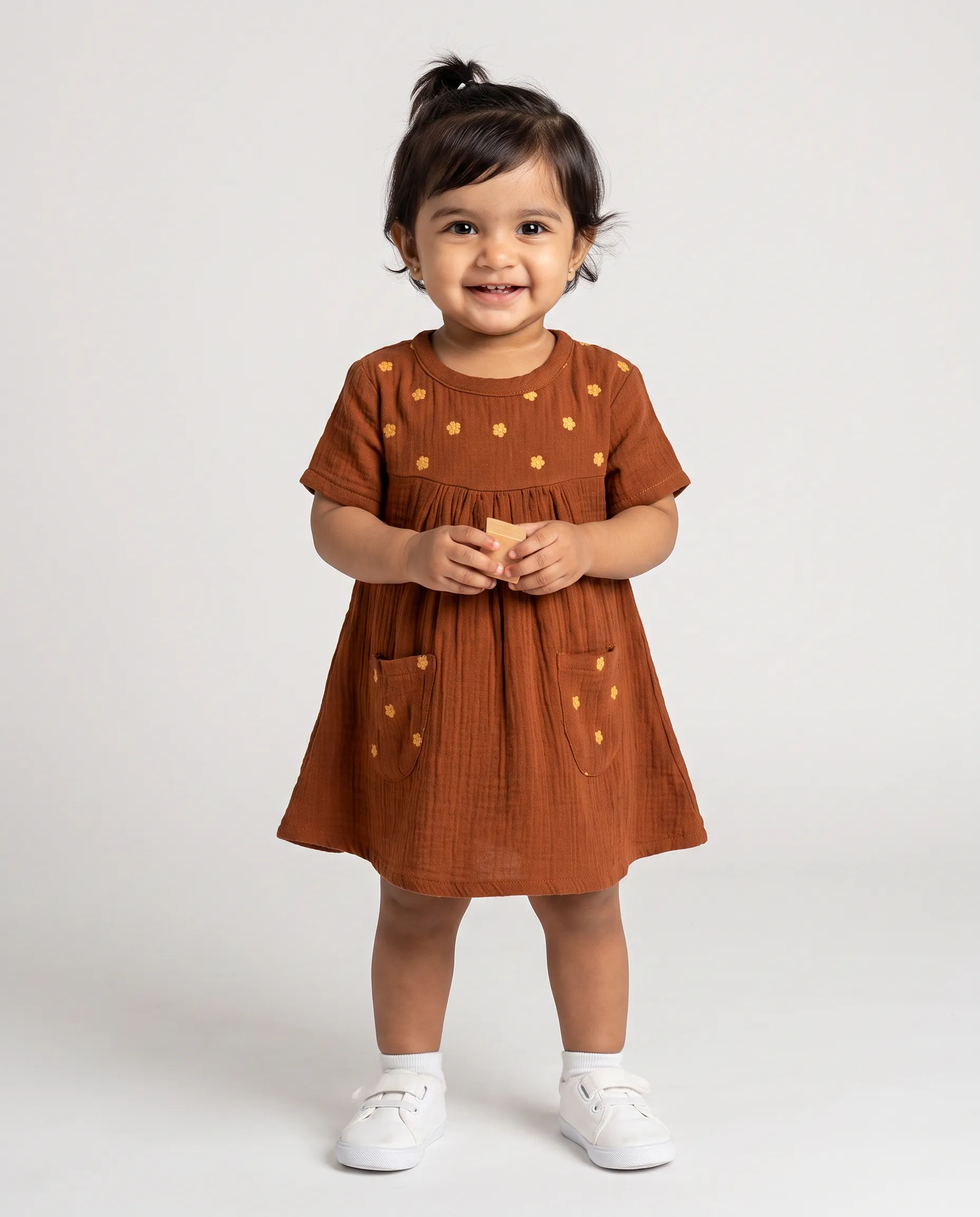 Crinkled Muslin Round Collar A-Line Half-Sleeve Frock